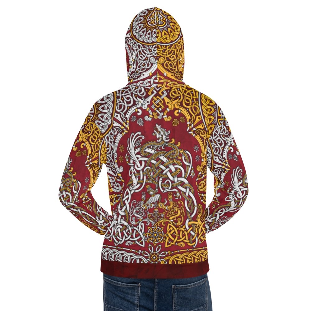 Viking Hoodie, Nordic At Sweater, Fantasy Street Outfit, Norse Streetwear, Alternative Clothing, Unisex - Dragon Fafnir, Gold Red - Abysm Internal