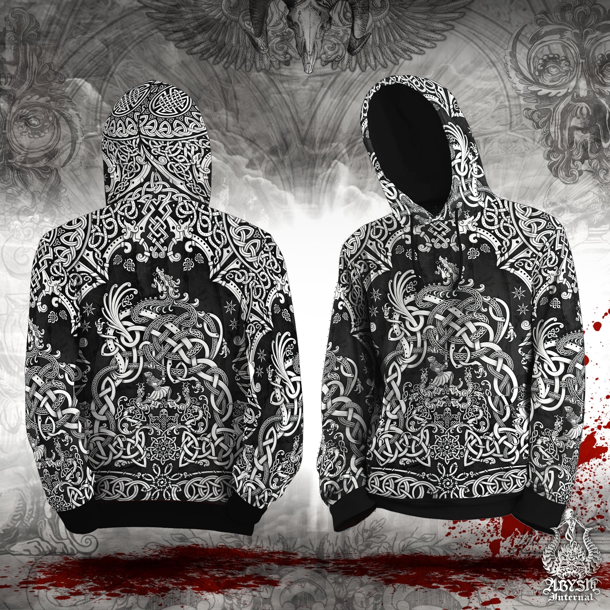 Viking Hoodie, Nordic Art Sweater, Fantasy Street Outfit, White Norse Dragon Streetwear, Alternative Clothing, Plus Size, Unisex - Fafnir, Blue, Red Viking Hoodie, Nordic Art Sweater, Fantasy Street Outfit, White Norse Dragon Streetwear, Alternative Clothing, Plus Size, Unisex - Fafnir, Blue, Red