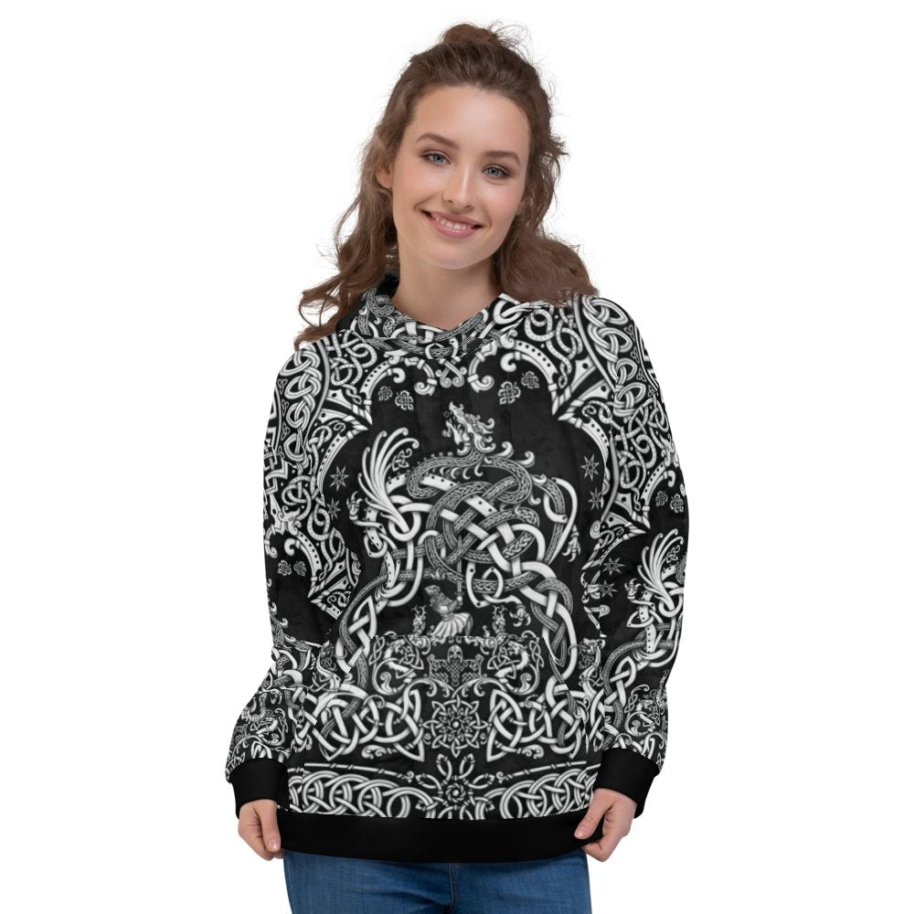 Viking Hoodie, Nordic At Sweater, Fantasy Street Outfit, Norse Streetwear, Alternative Clothing, Unisex - Dragon Fafnir, White Black - Abysm Internal