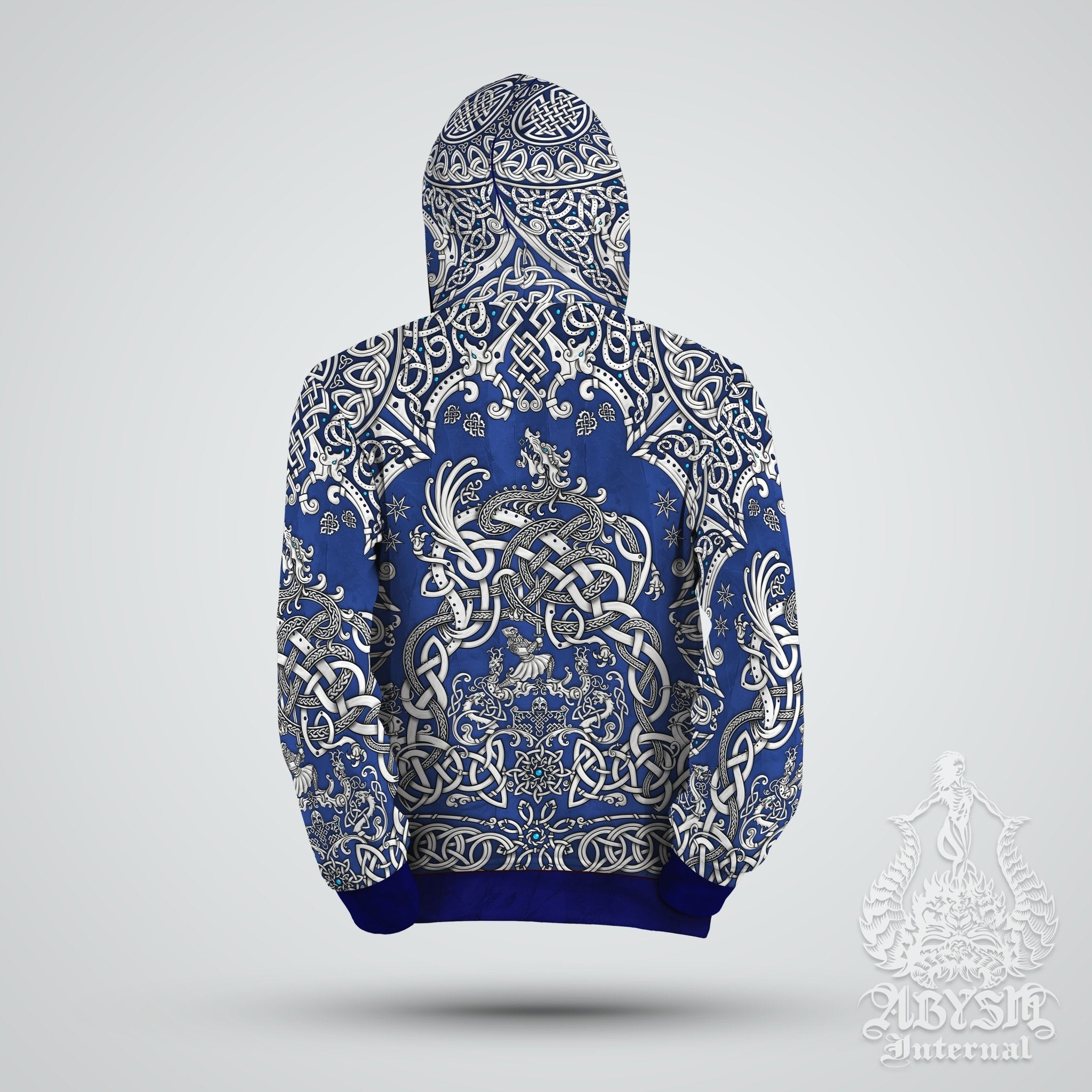 Viking Hoodie, Nordic At Sweater, Fantasy Street Outfit, Norse Streetwear, Alternative Clothing, Unisex - Dragon Fafnir, White Blue - Abysm Internal