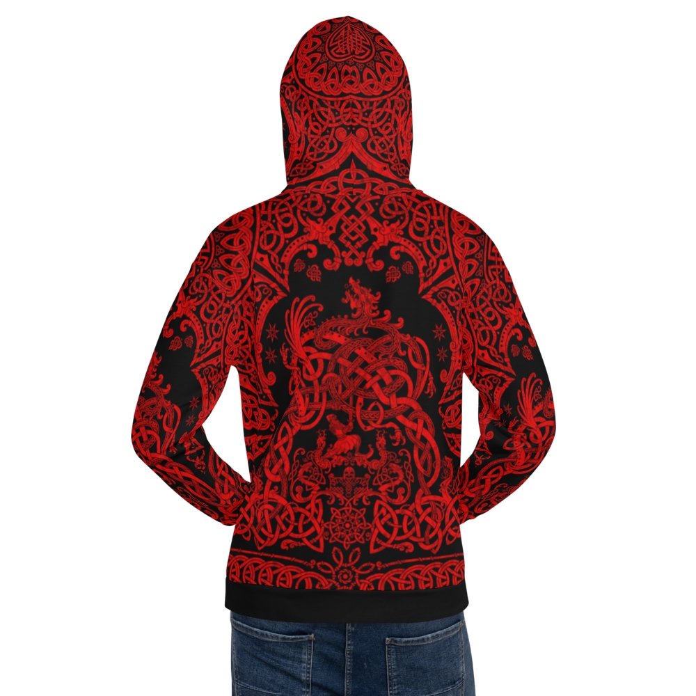 Viking Hoodie, Street Outfit, Norse Sweater, Nordic Art Streetwear, Alternative Clothing, Unisex - Dragon Fafnir, Black & Red - Abysm Internal