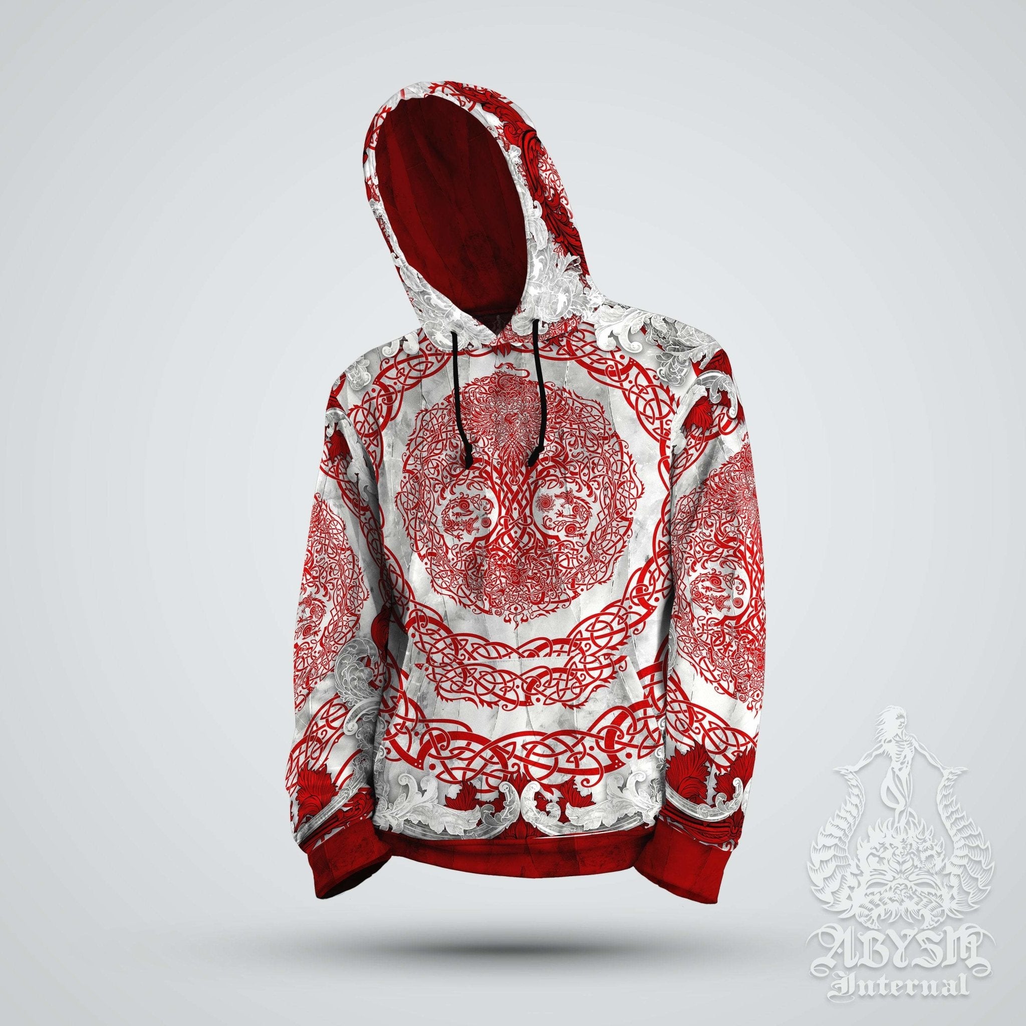 Viking Hoodie, Yggdrasil Sweater, Norse Tree of Life, Fantasy Streetwear, Unisex - Bloody White - Abysm Internal