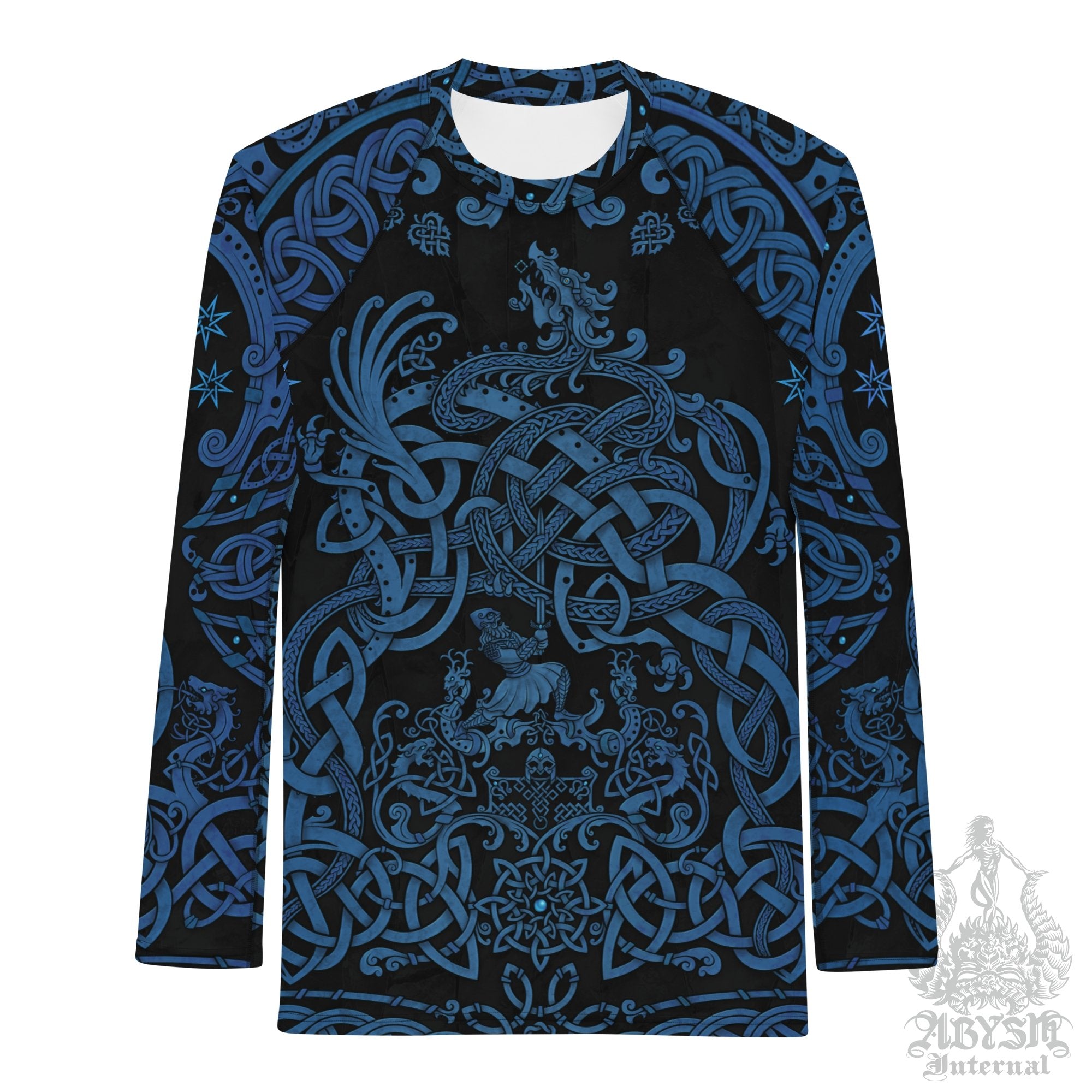 Viking Men's Rash Guard, Long Sleeve spandex shirt for surfing, swimwear top for water sports - Dragon Fafnir and Sigurd, Black and Blue - Abysm Internal