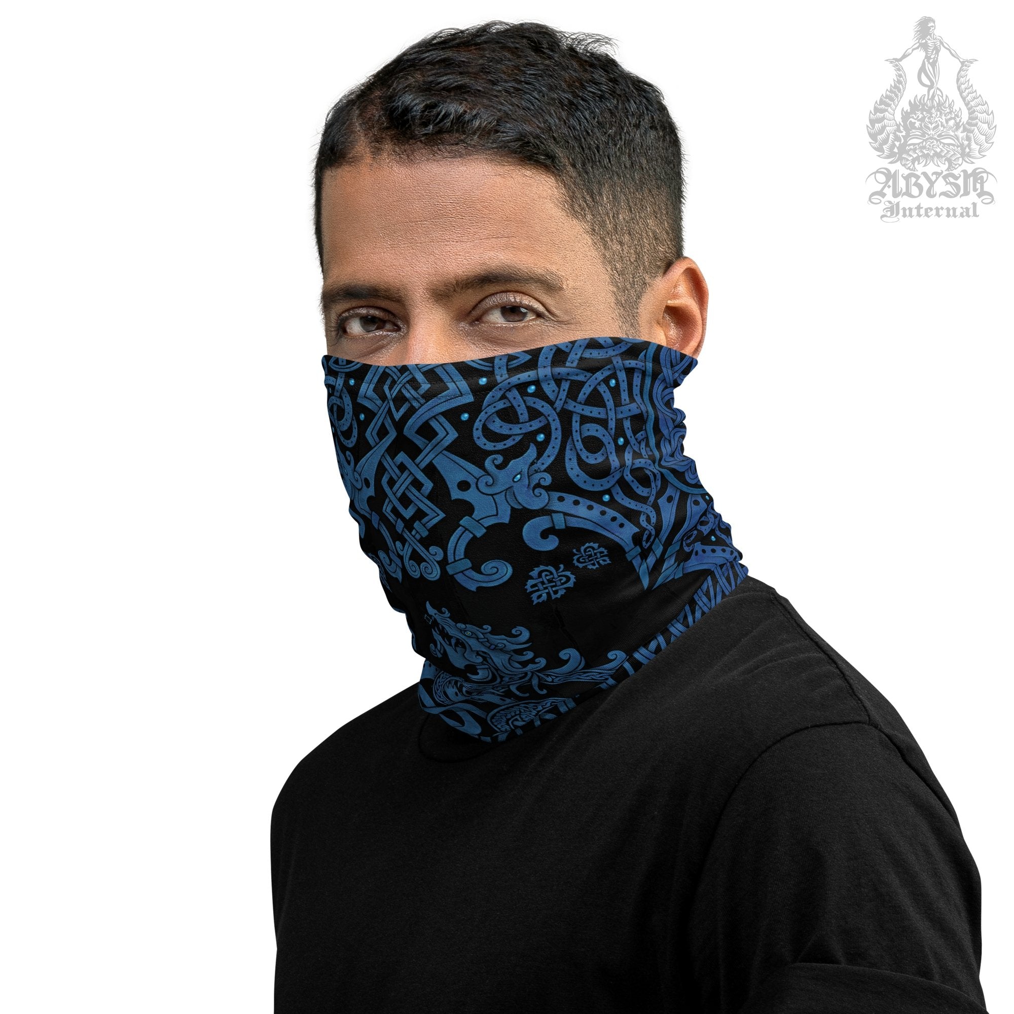 Viking Neck Gaiter, Face Mask, Head Covering, Dragon Fafnir, Nordic Art - Black & Blue - Abysm Internal