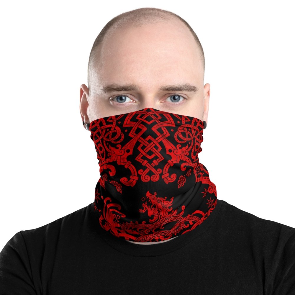 Viking Neck Gaiter, Face Mask, Head Covering, Dragon Fafnir, Nordic Art - Black & Red - Abysm Internal