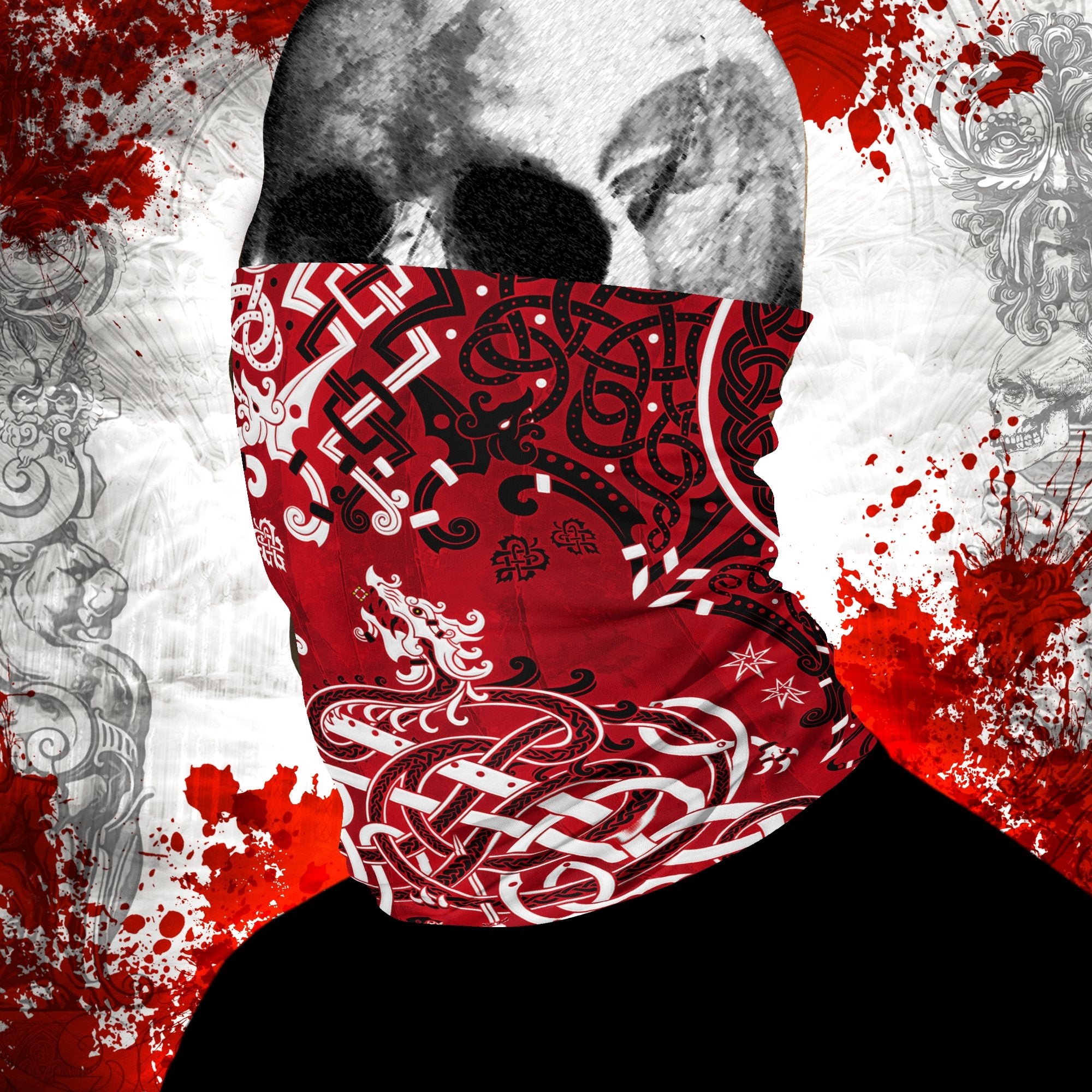 Viking Neck Gaiter, Face Mask, Head Covering, Dragon Fafnir, Nordic Art - Bloody Red Goth - Abysm Internal