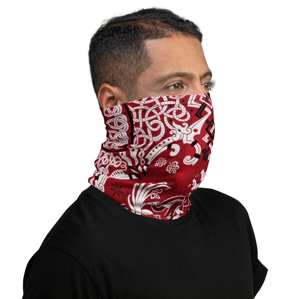 Viking Neck Gaiter, Face Mask, Head Covering, Dragon Fafnir, Nordic Art - Bloody Red Goth - Abysm Internal