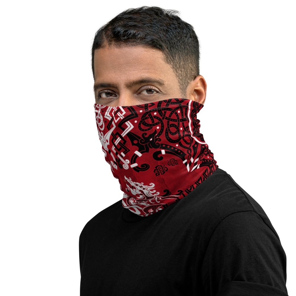 Viking Neck Gaiter, Face Mask, Head Covering, Dragon Fafnir, Nordic Art - Bloody Red Goth - Abysm Internal