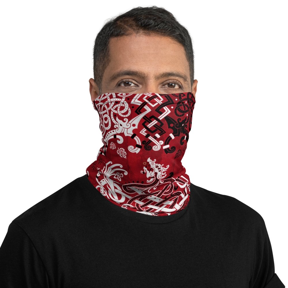 Viking Neck Gaiter, Face Mask, Head Covering, Dragon Fafnir, Nordic Art - Bloody Red Goth - Abysm Internal