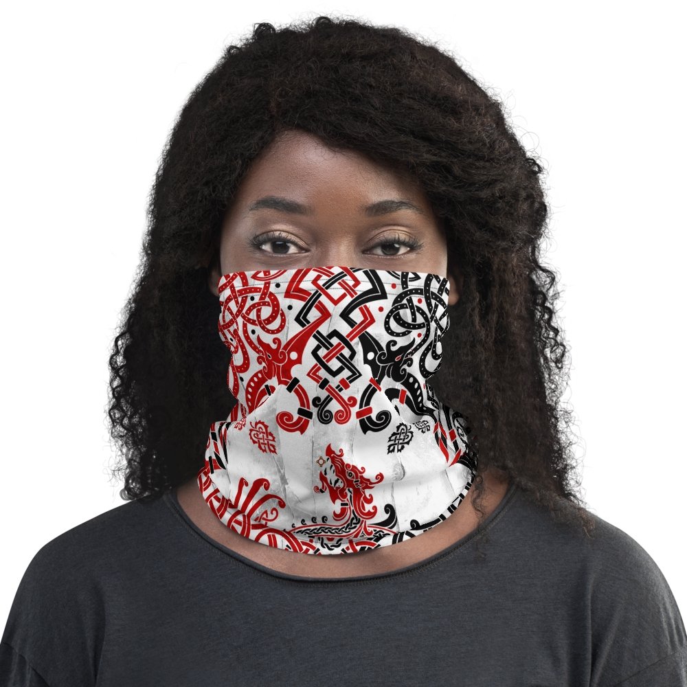 Viking Neck Gaiter, Face Mask, Head Covering, Dragon Fafnir, Nordic Art - Bloody White Goth - Abysm Internal