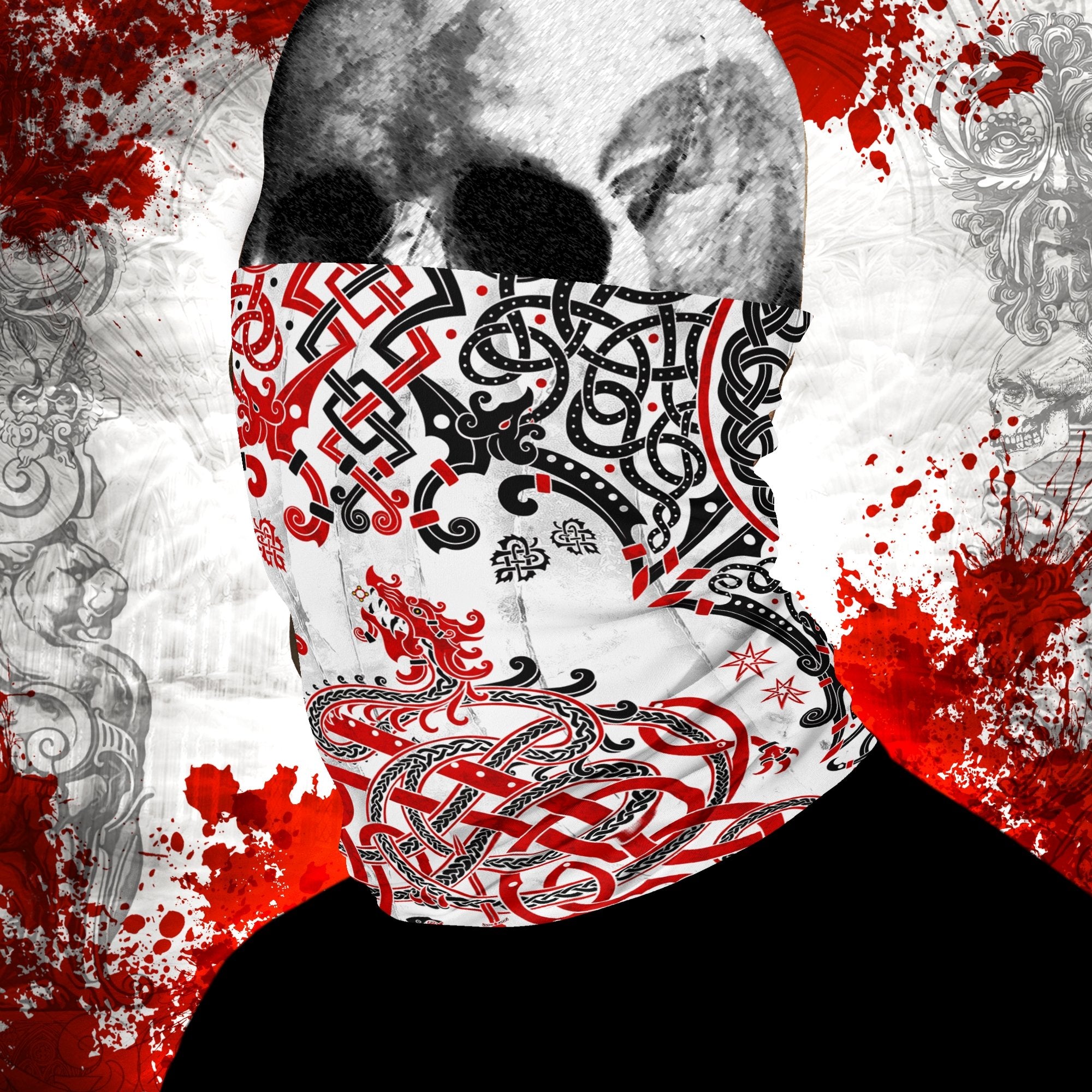 Viking Neck Gaiter, Face Mask, Head Covering, Dragon Fafnir, Nordic Art - Bloody White Goth - Abysm Internal