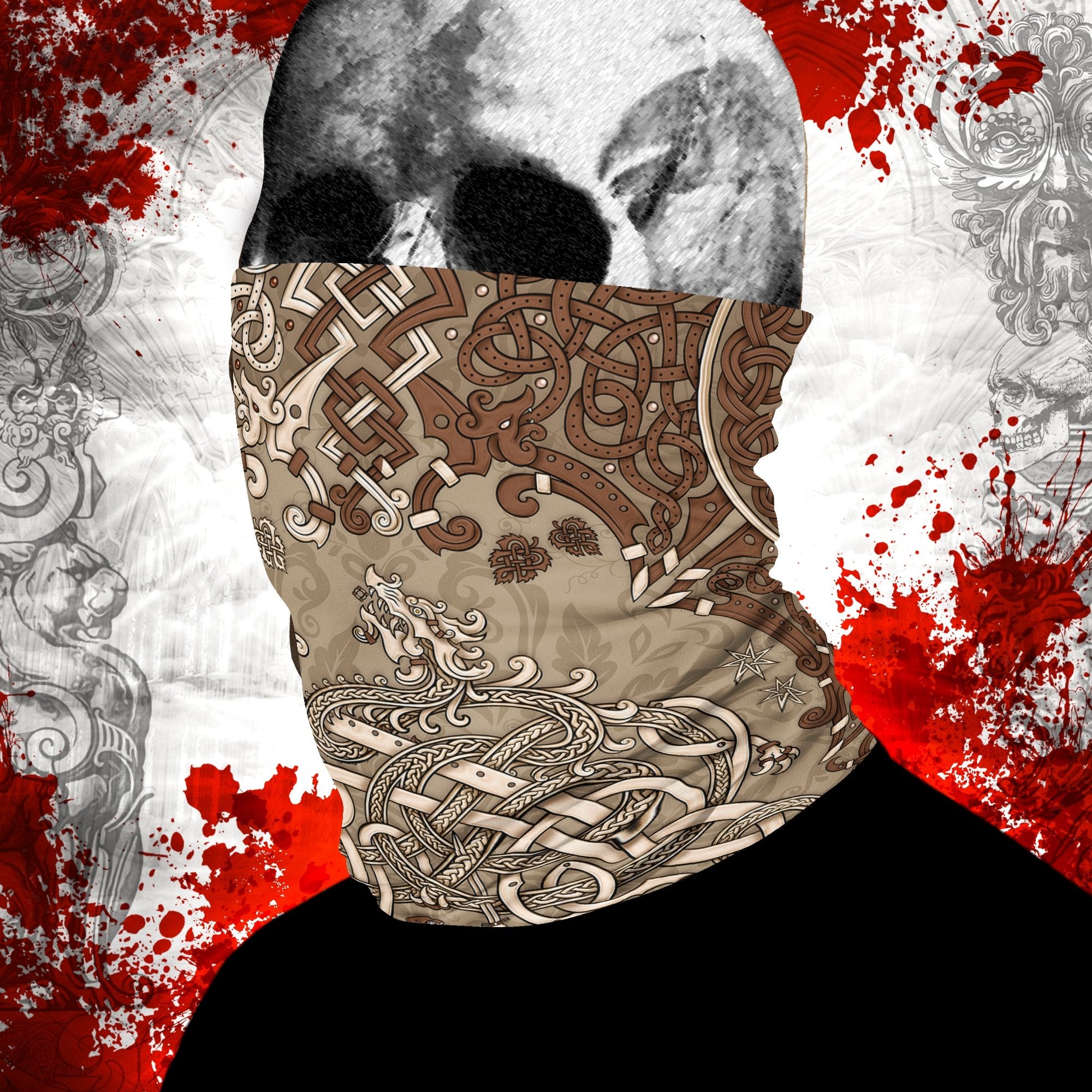 Viking Neck Gaiter, Face Mask, Head Covering, Dragon Fafnir, Nordic Art - Cream - Abysm Internal