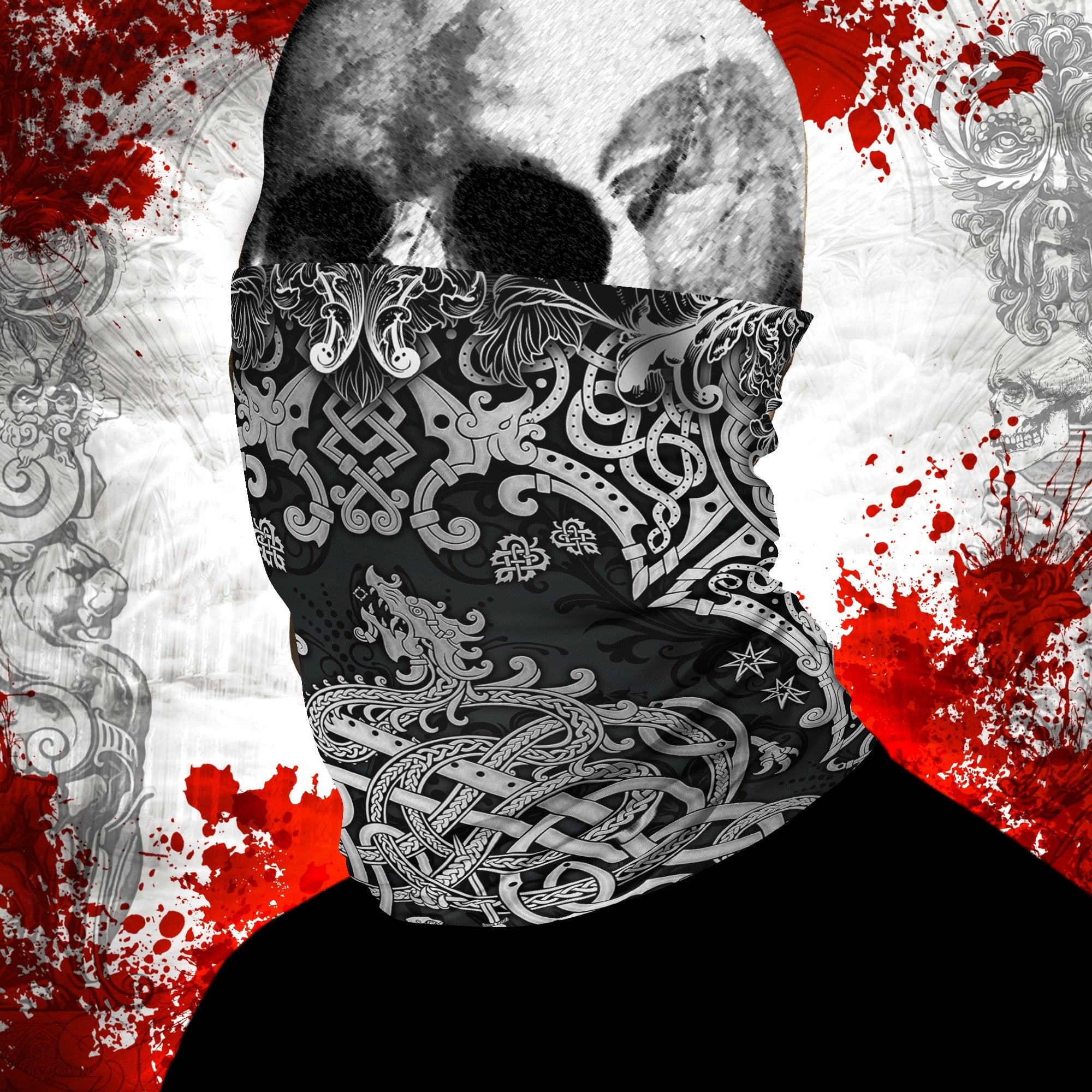 Viking Neck Gaiter, Face Mask, Head Covering, Dragon Fafnir, Nordic Art - Dark - Abysm Internal