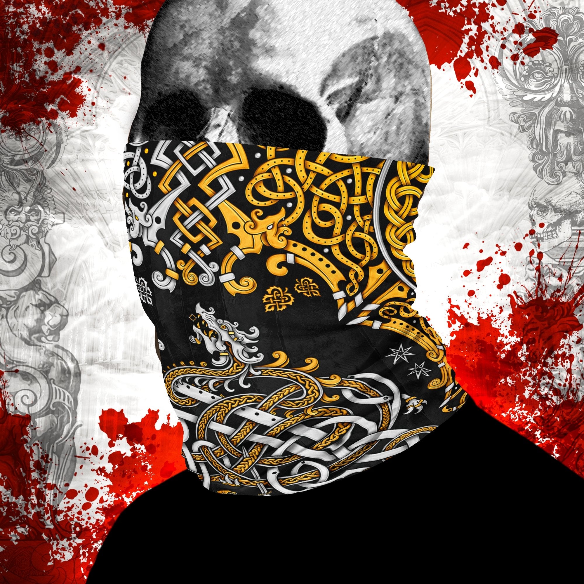 Viking Neck Gaiter, Face Mask, Head Covering, Dragon Fafnir, Nordic Art - Gold Black - Abysm Internal