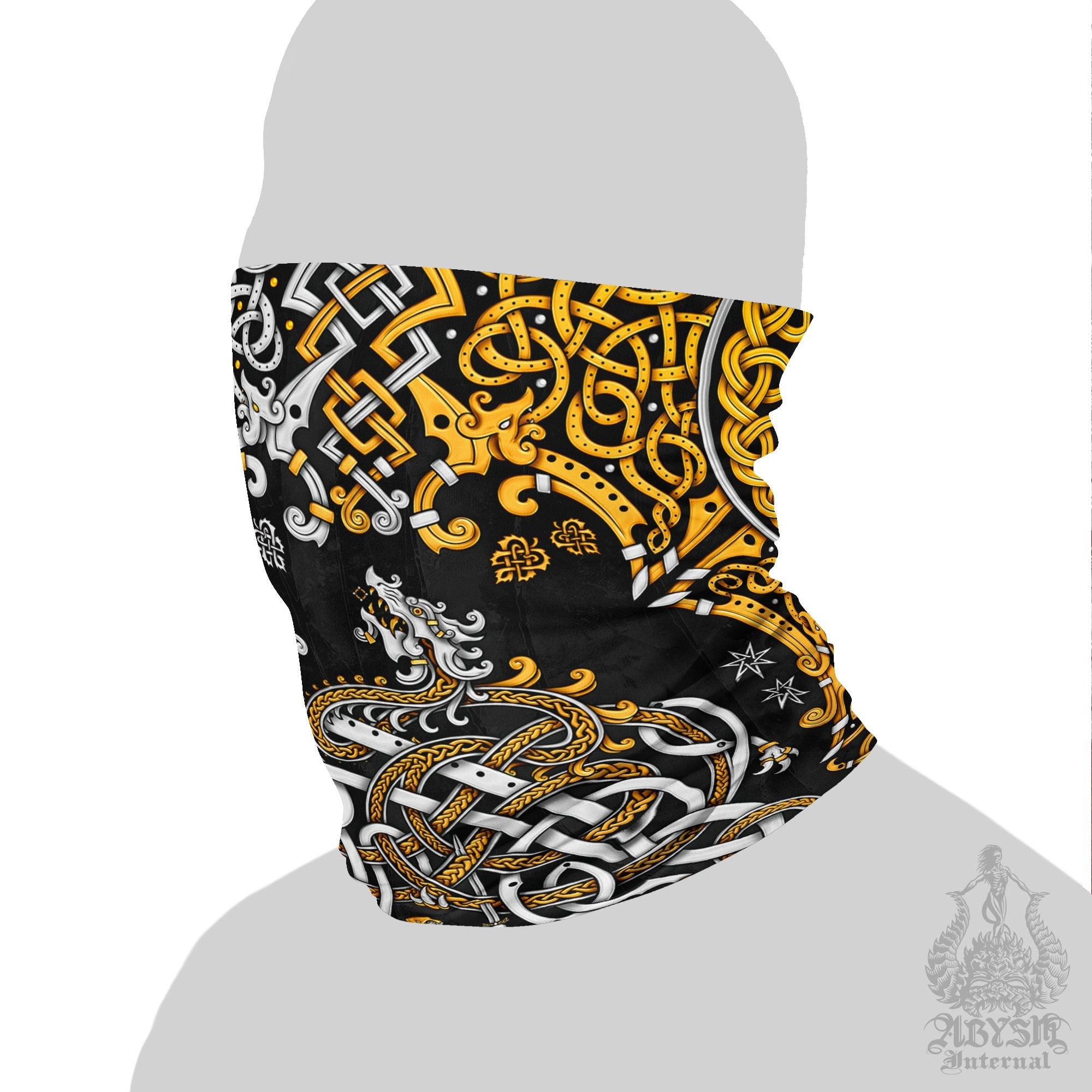 Viking Neck Gaiter, Face Mask, Head Covering, Dragon Fafnir, Nordic Art - Gold Black - Abysm Internal
