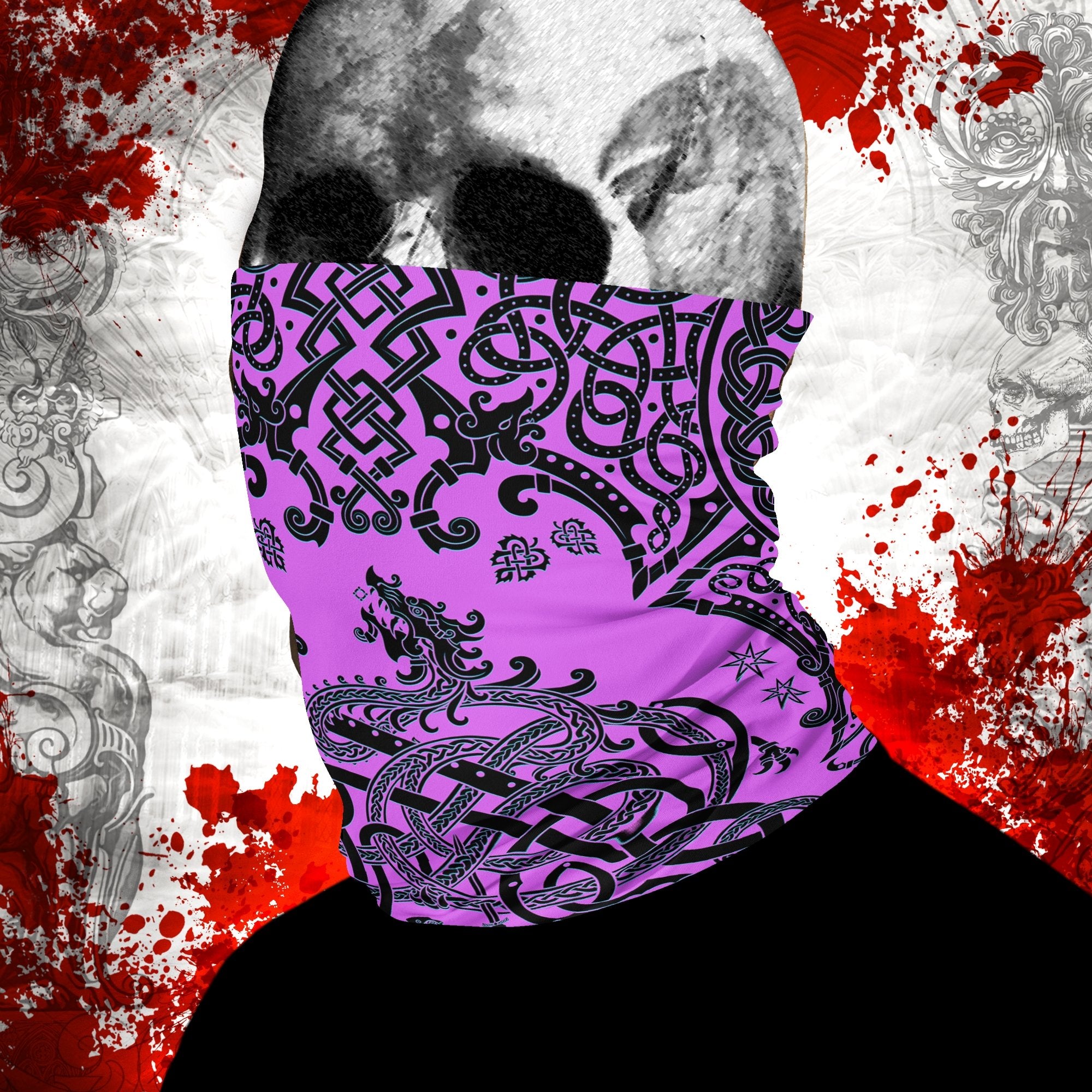 Viking Neck Gaiter, Face Mask, Head Covering, Dragon Fafnir, Nordic Art - Pastel Goth - Abysm Internal