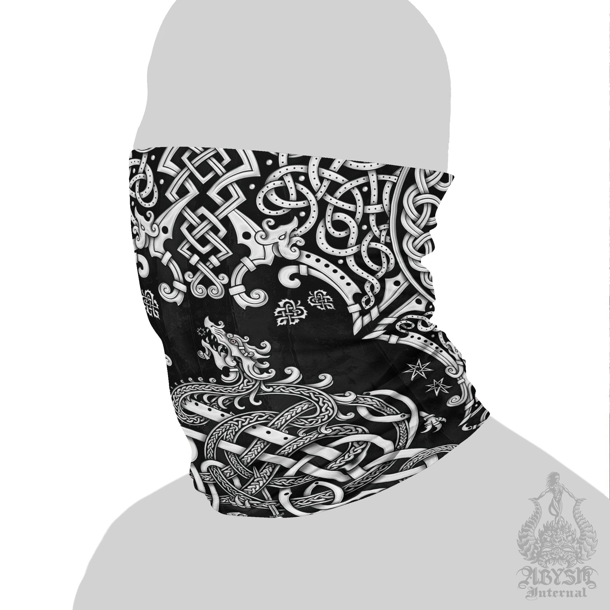 Viking Neck Gaiter, Face Mask, Head Covering, Dragon Fafnir, Nordic Art - White Black - Abysm Internal