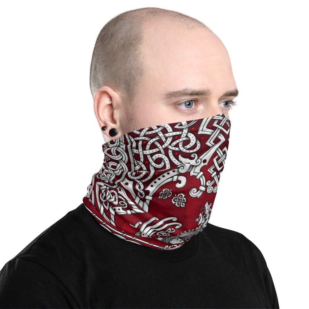 Viking Neck Gaiter, Face Mask, Head Covering, Dragon Fafnir, Nordic Art - White Red - Abysm Internal
