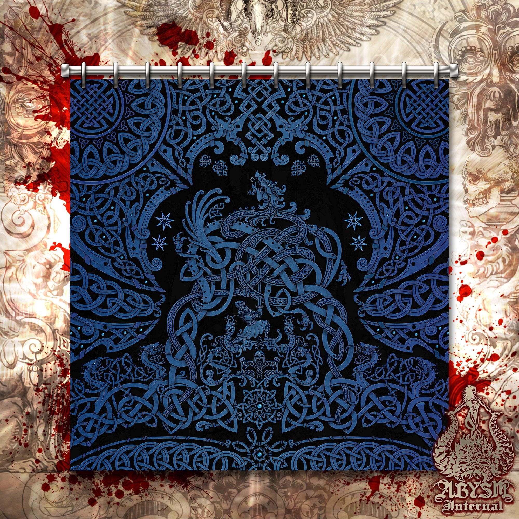 Viking Shower Curtain, Bathroom Decor, Nordic & Norse Art, Dragon Fafnir - Black and Blue - Abysm Internal