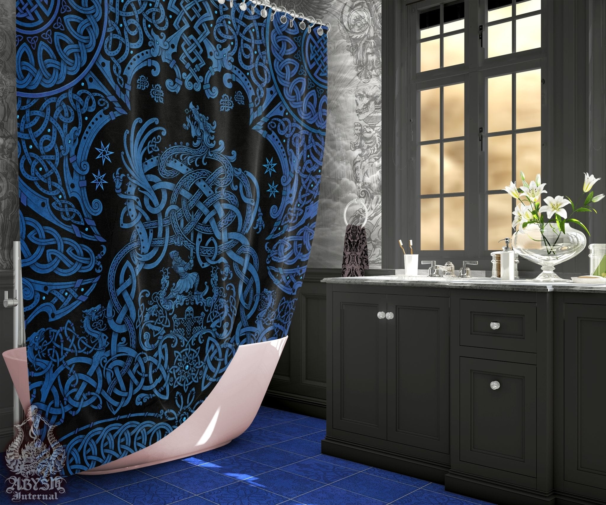 Viking Shower Curtain, Bathroom Decor, Nordic & Norse Art, Dragon Fafnir - Black and Blue - Abysm Internal