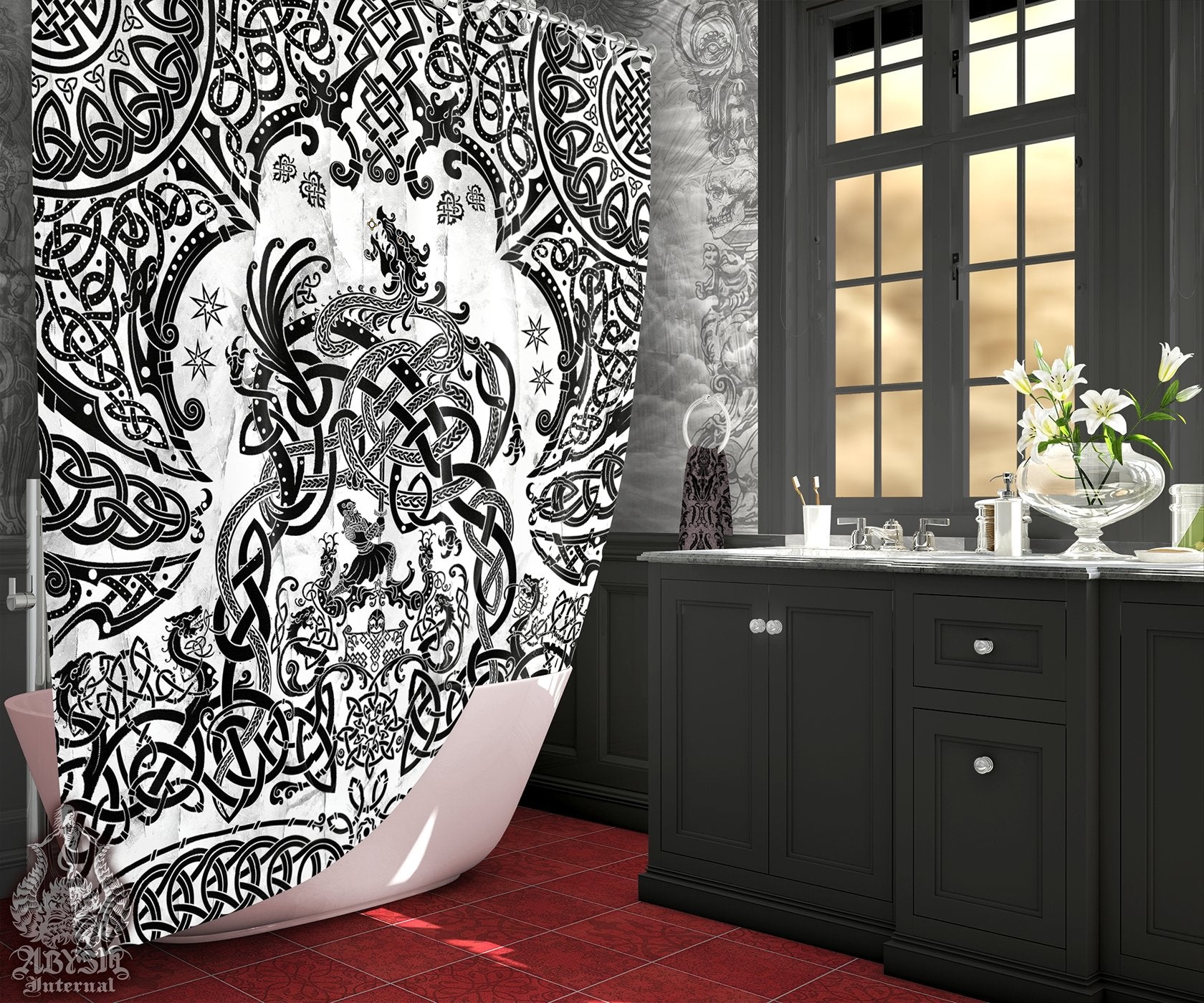 Viking Shower Curtain, Bathroom Decor, Nordic & Norse Art, Dragon Fafnir - Black & White - Abysm Internal