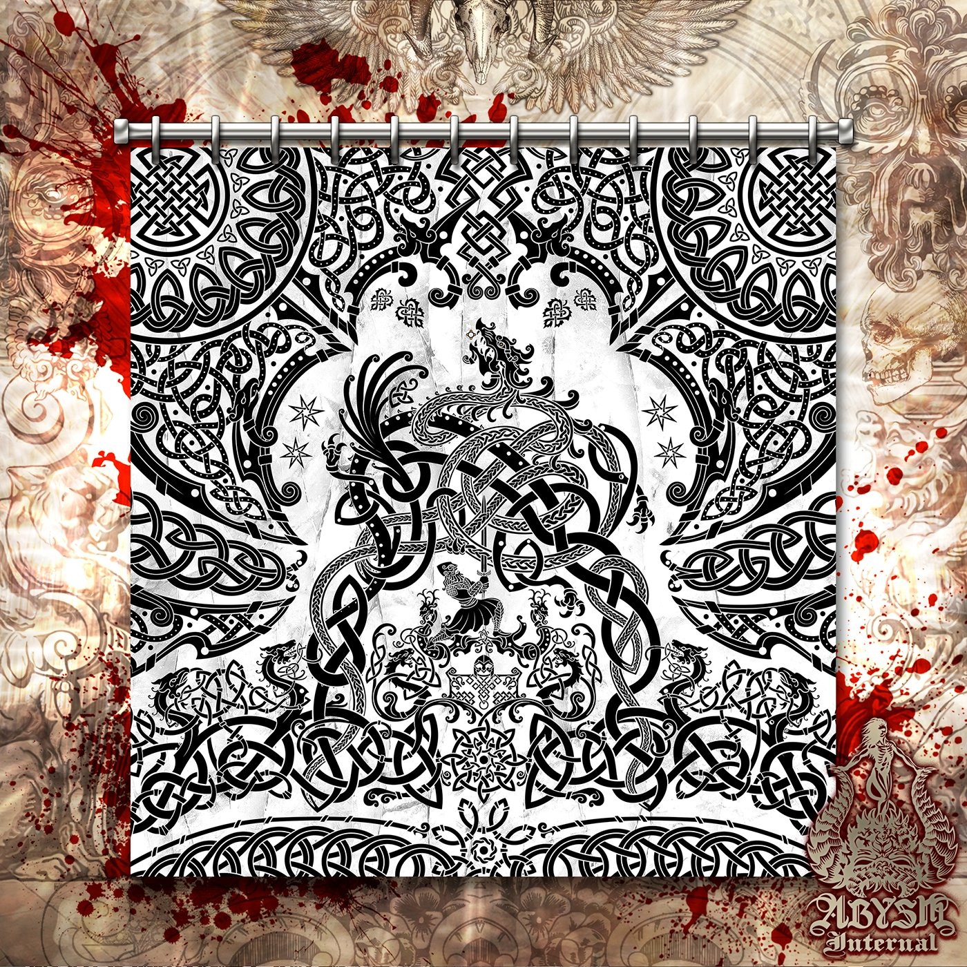 Viking Shower Curtain, Bathroom Decor, Nordic & Norse Art, Dragon Fafnir - Black & White - Abysm Internal