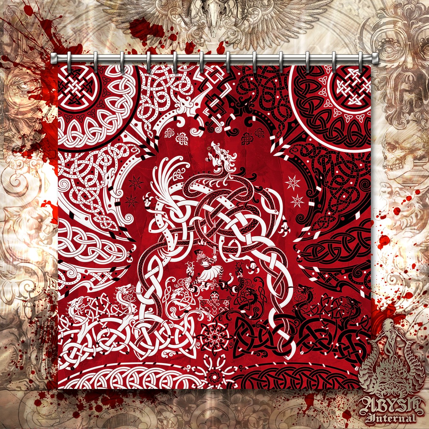 Viking Shower Curtain, Bathroom Decor, Nordic & Norse Art, Dragon Fafnir - Bloody Red - Abysm Internal