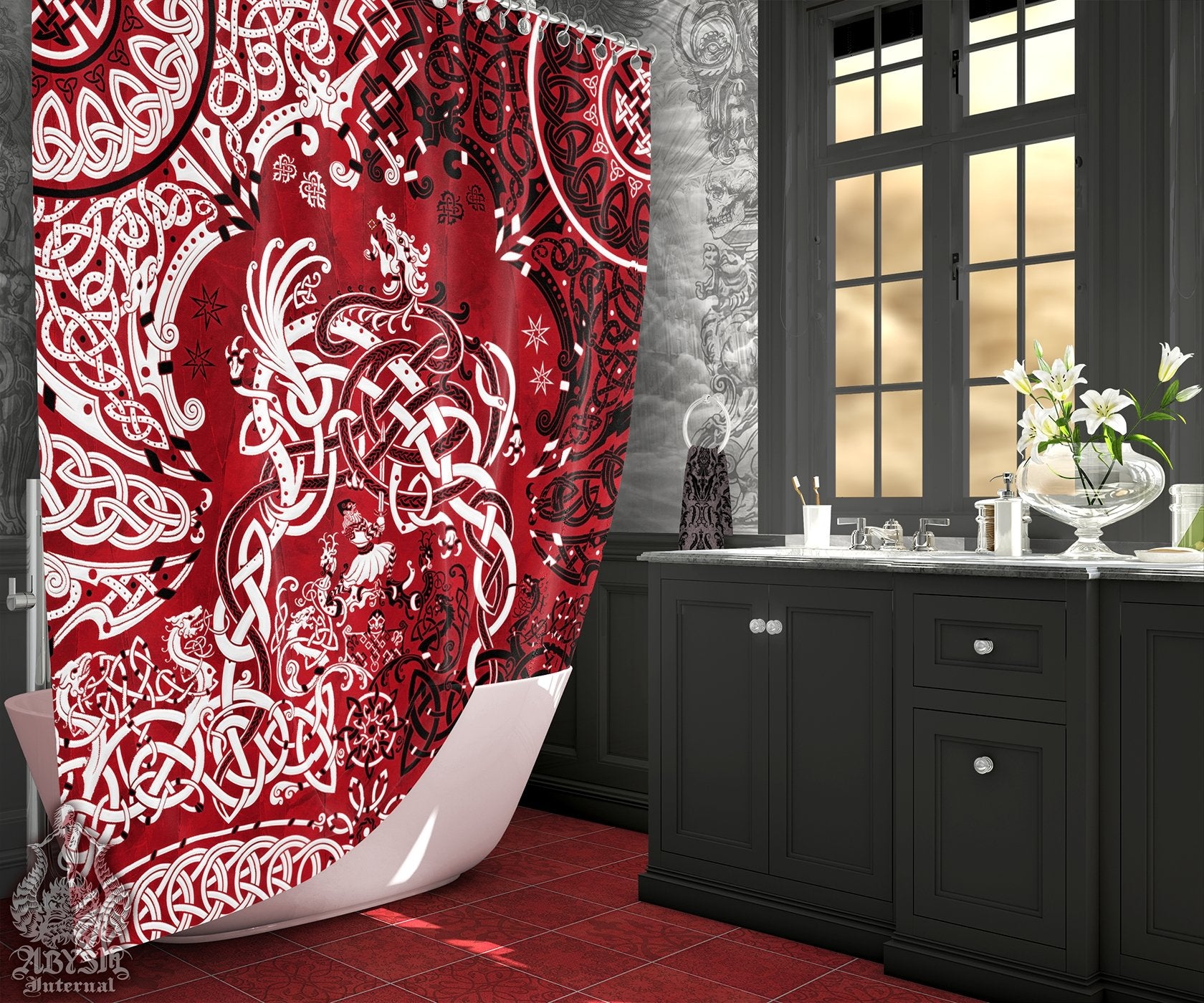 Viking Shower Curtain, Bathroom Decor, Nordic & Norse Art, Dragon Fafnir - Bloody Red - Abysm Internal