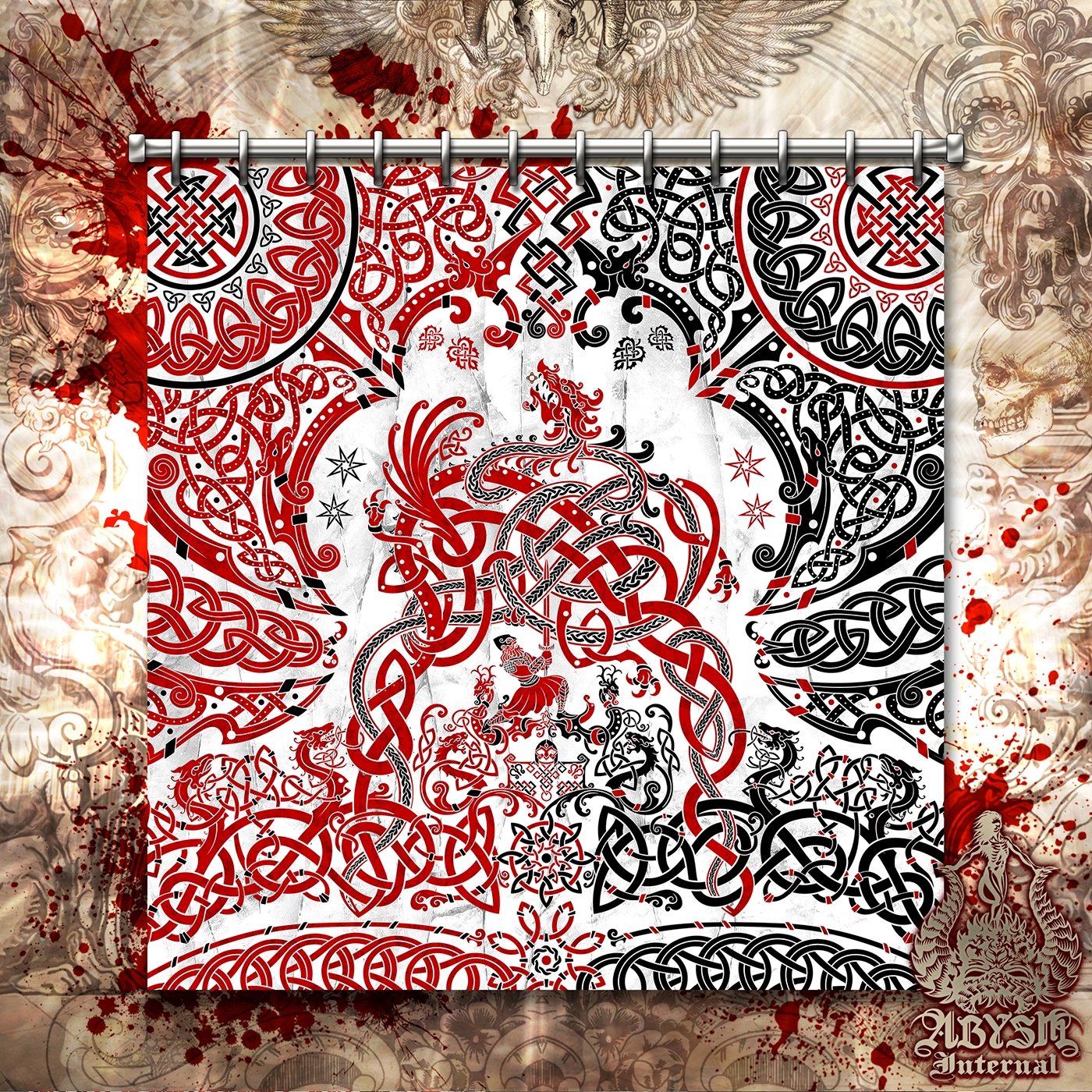 Viking Shower Curtain, Bathroom Decor, Nordic & Norse Art, Dragon Fafnir - Bloody White Goth - Abysm Internal