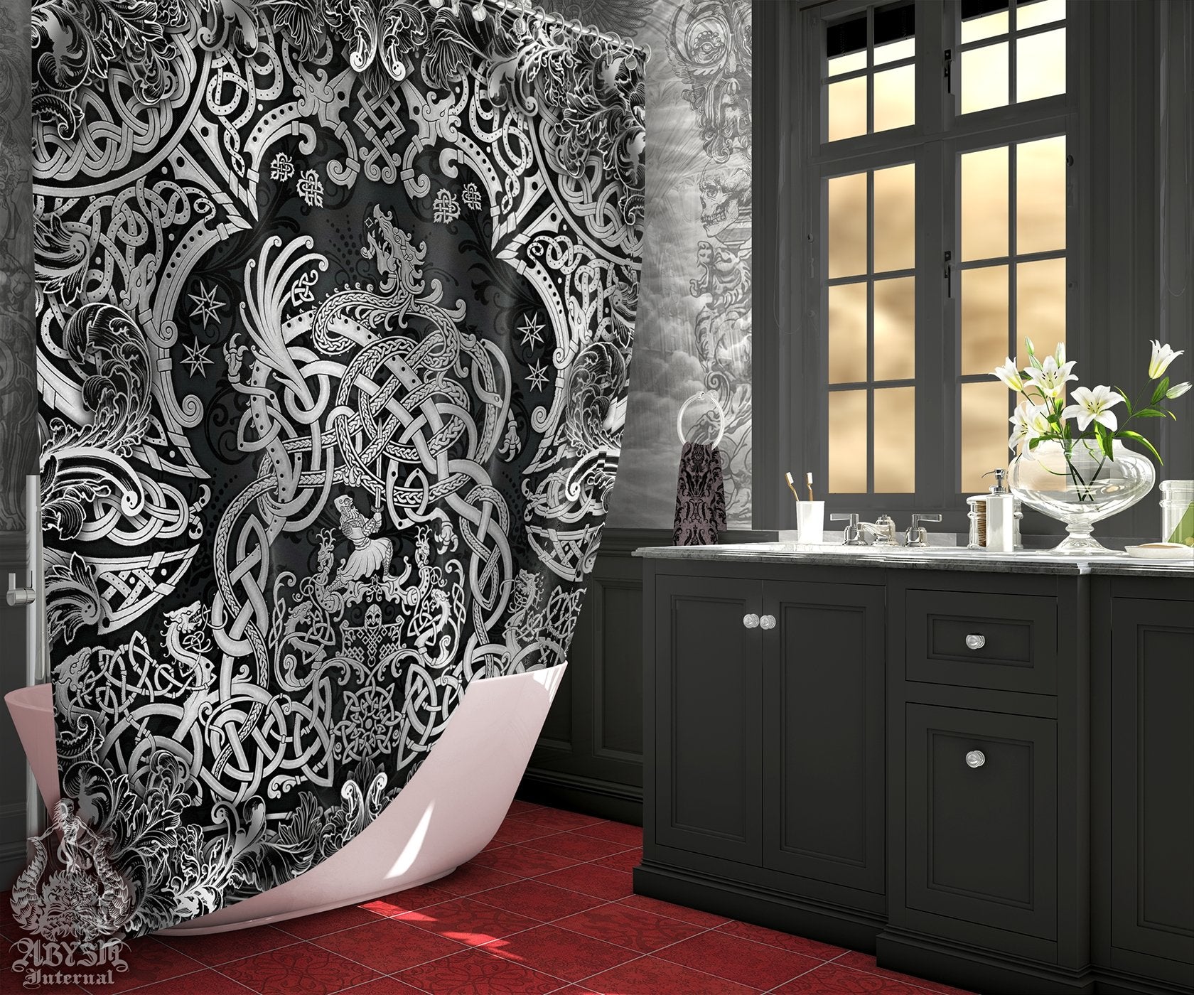 Viking Shower Curtain, Bathroom Decor, Nordic & Norse Art, Dragon Fafnir - Dark - Abysm Internal