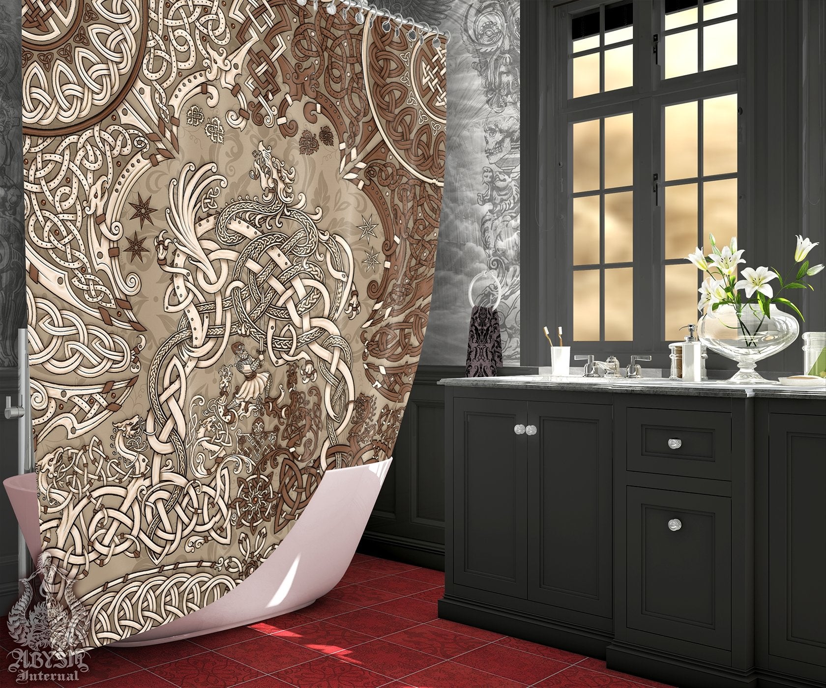 Viking Shower Curtain, Bathroom Decor, Nordic & Norse Art, Dragon Fafnir, Eclectic and Funky Home - Cream - Abysm Internal