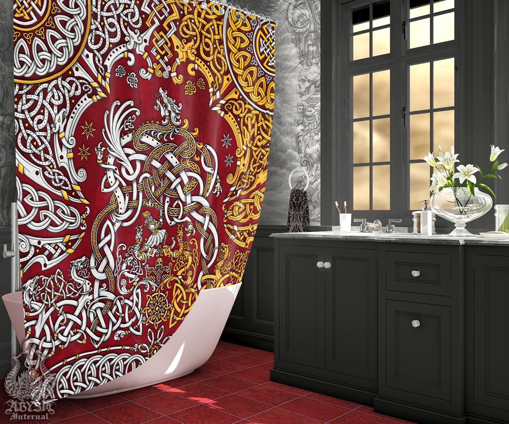 Viking Shower Curtain, Bathroom Decor, Nordic & Norse Art, Dragon Fafnir - Gold Red - Abysm Internal
