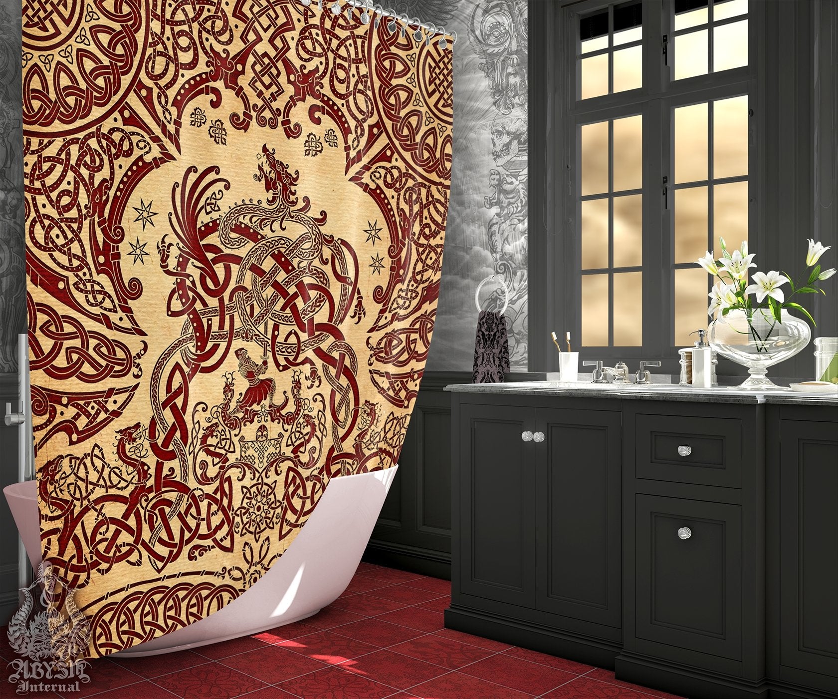 Viking Shower Curtain, Bathroom Decor, Nordic & Norse Art, Dragon Fafnir - Paper - Abysm Internal