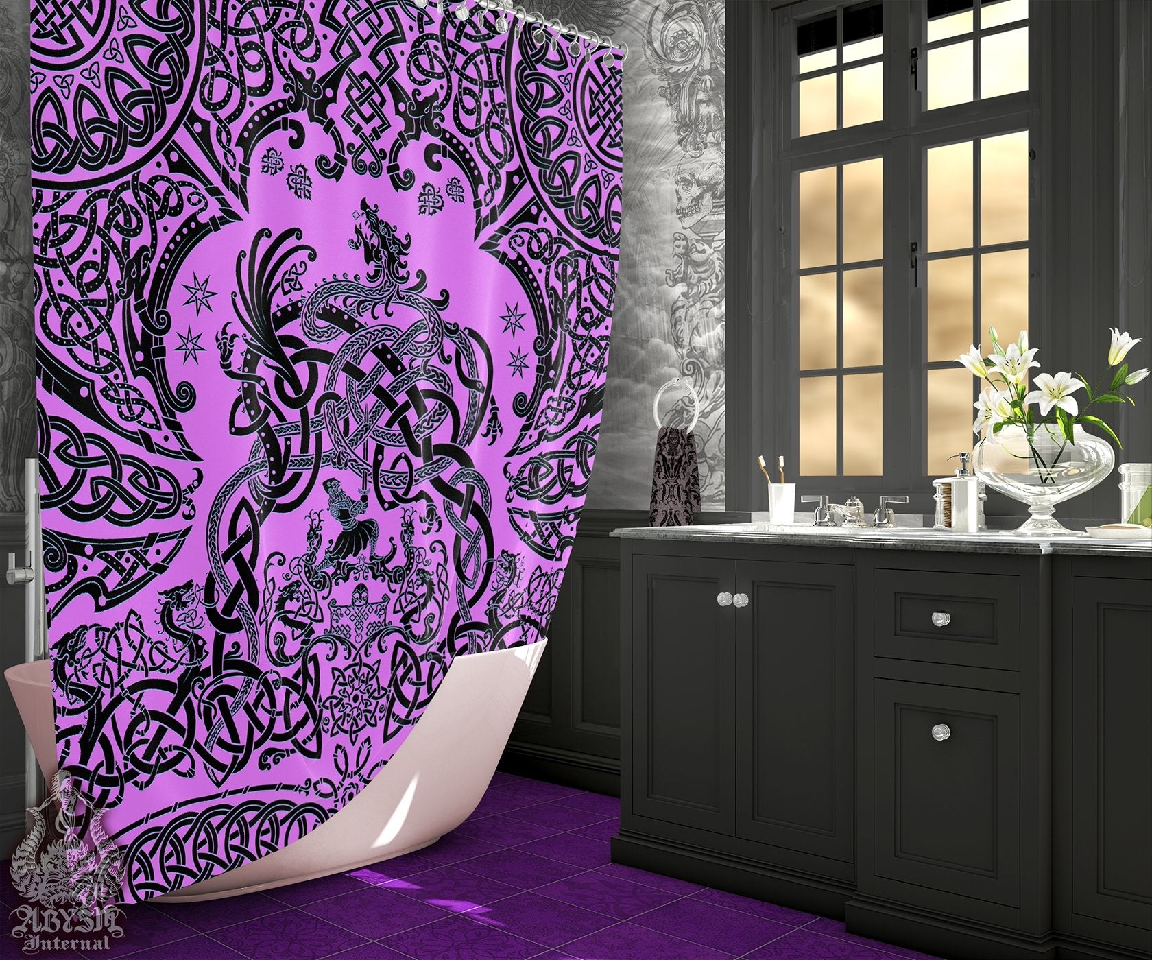 Viking Shower Curtain, Bathroom Decor, Nordic & Norse Art, Dragon Fafnir - Pastel Goth - Abysm Internal