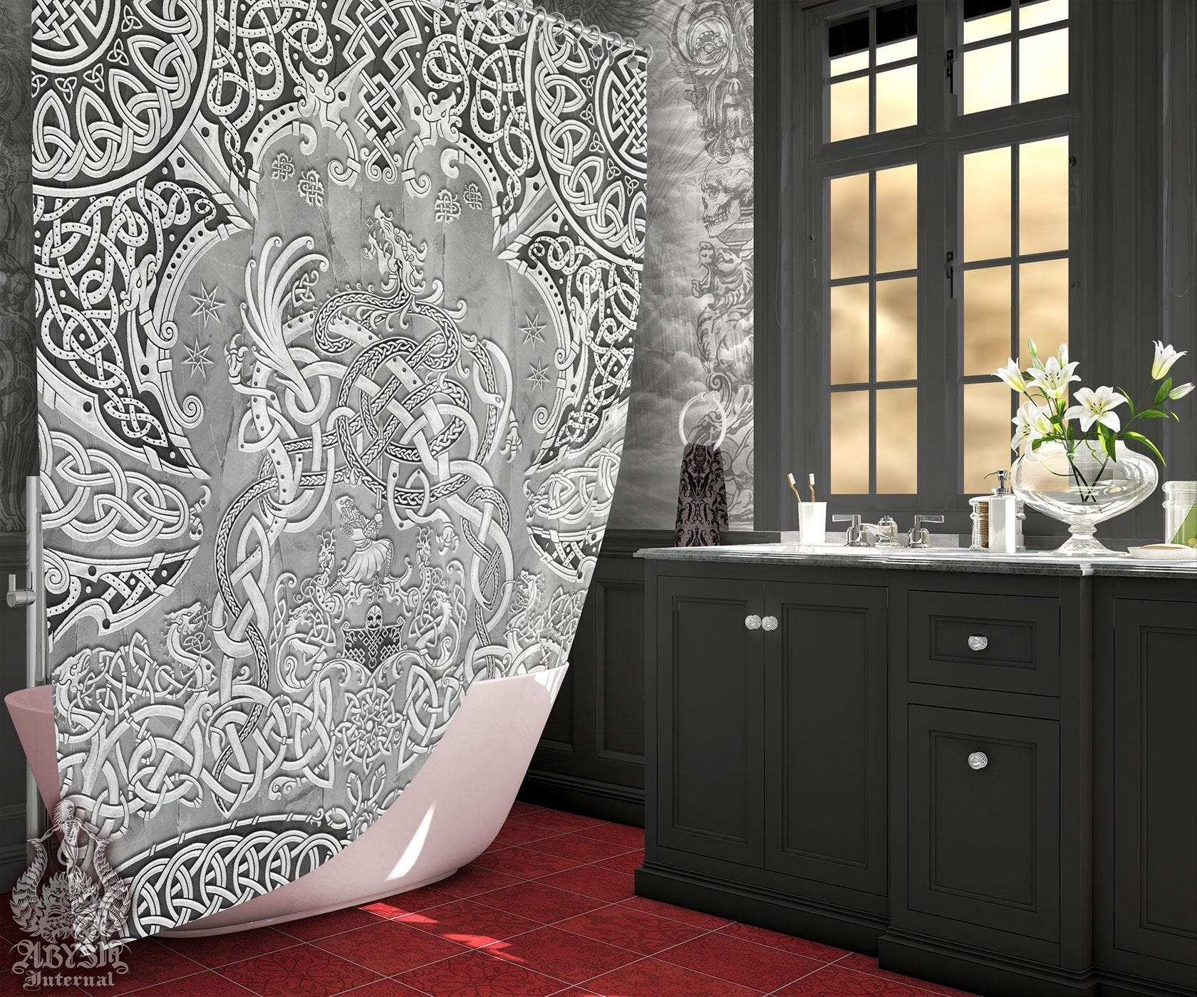 Viking Shower Curtain, Bathroom Decor, Nordic & Norse Art, Dragon Fafnir - Stone - Abysm Internal