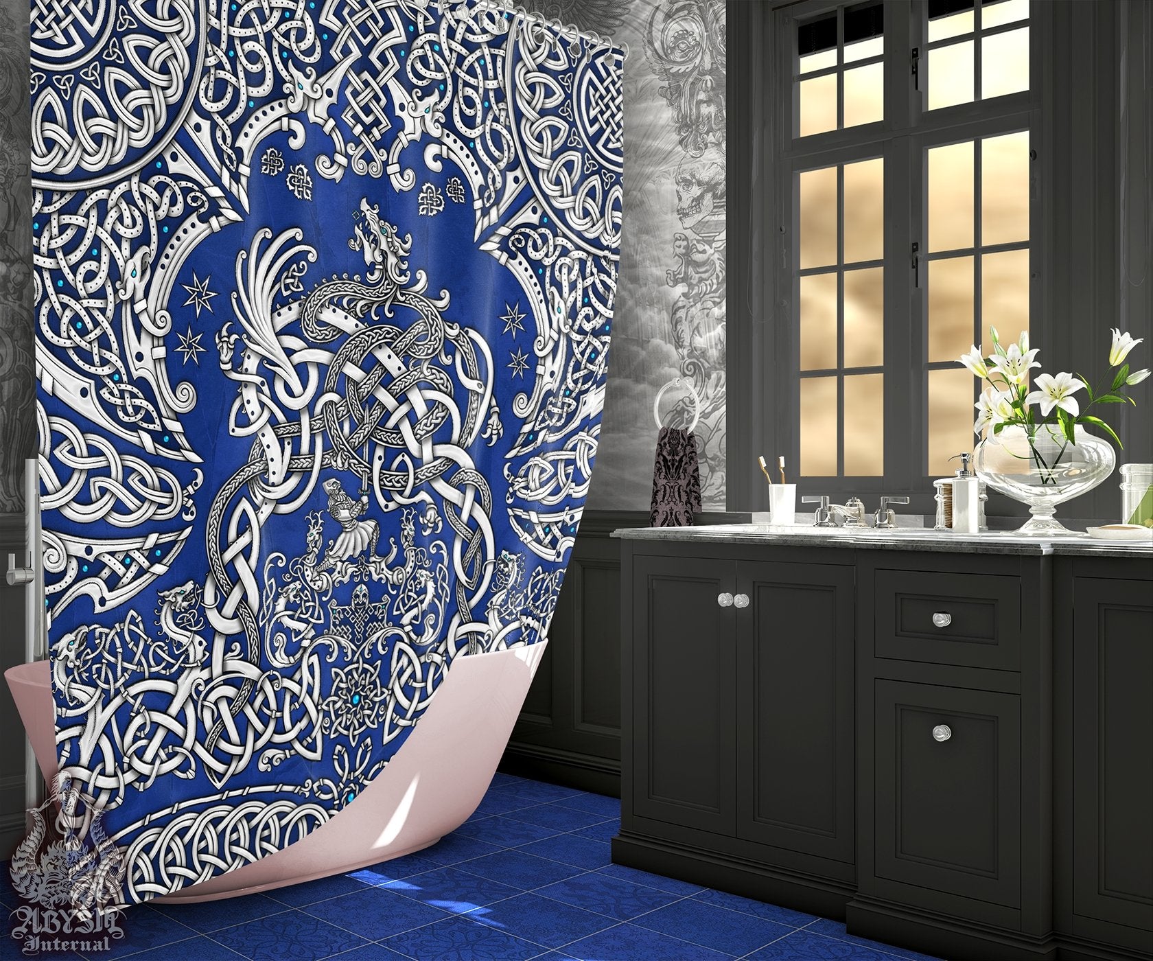 Viking Shower Curtain, Bathroom Decor, Nordic & Norse Art, Dragon Fafnir - White & Blue - Abysm Internal