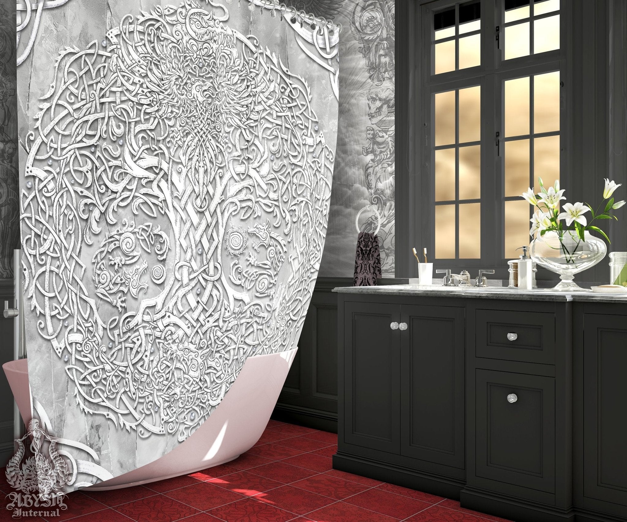 Viking Shower Curtain, Yggdrasil, Norse Bathroom Decor, Pagan Art, Tree of Life - Stone - Abysm Internal