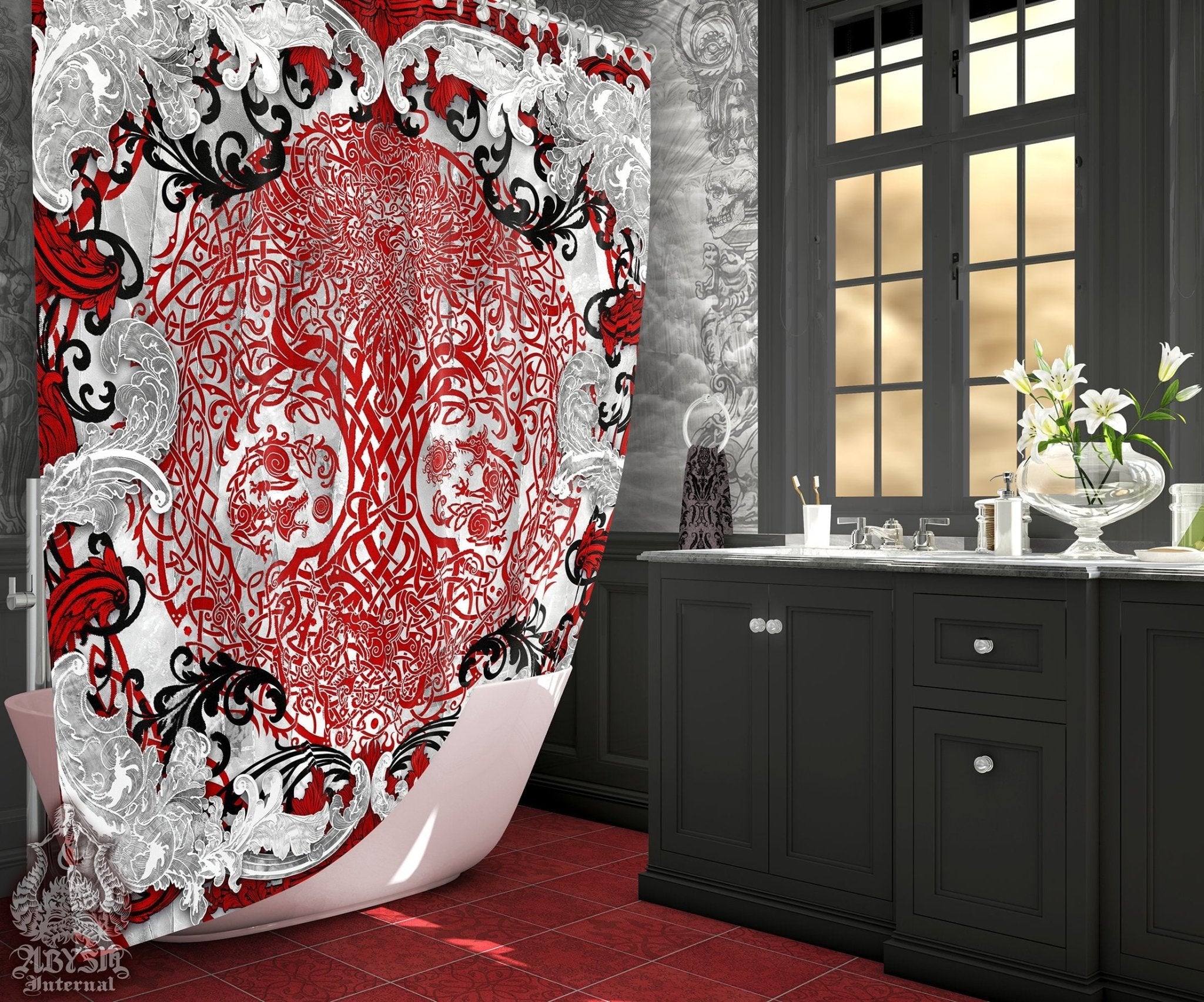 Viking Shower Curtain, Yggdrasil, Norse Bathroom Decor, Pagan, Tree of Life - Bloody White - Abysm Internal
