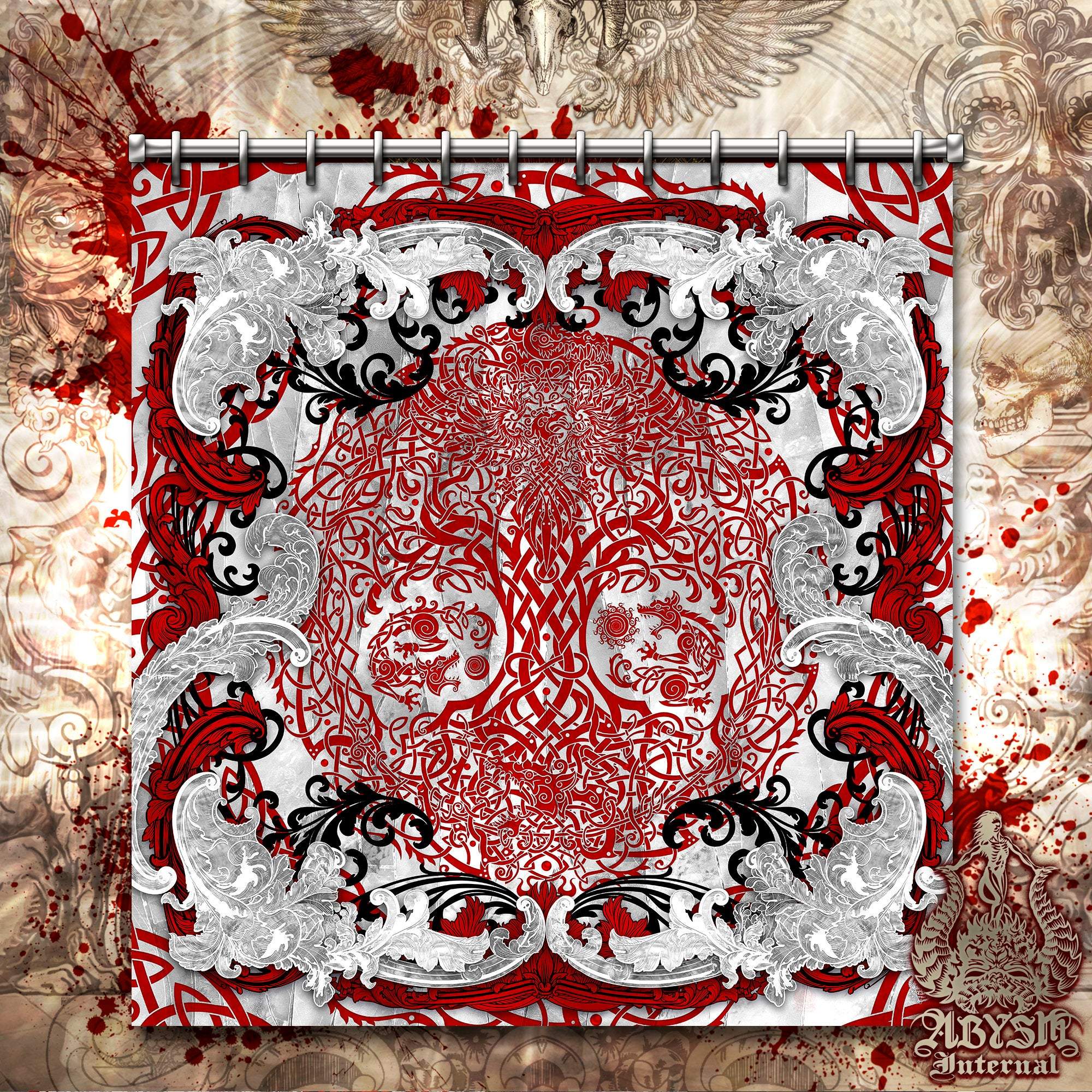 Viking Shower Curtain, Yggdrasil, Norse Bathroom Decor, Pagan, Tree of Life - Bloody White - Abysm Internal