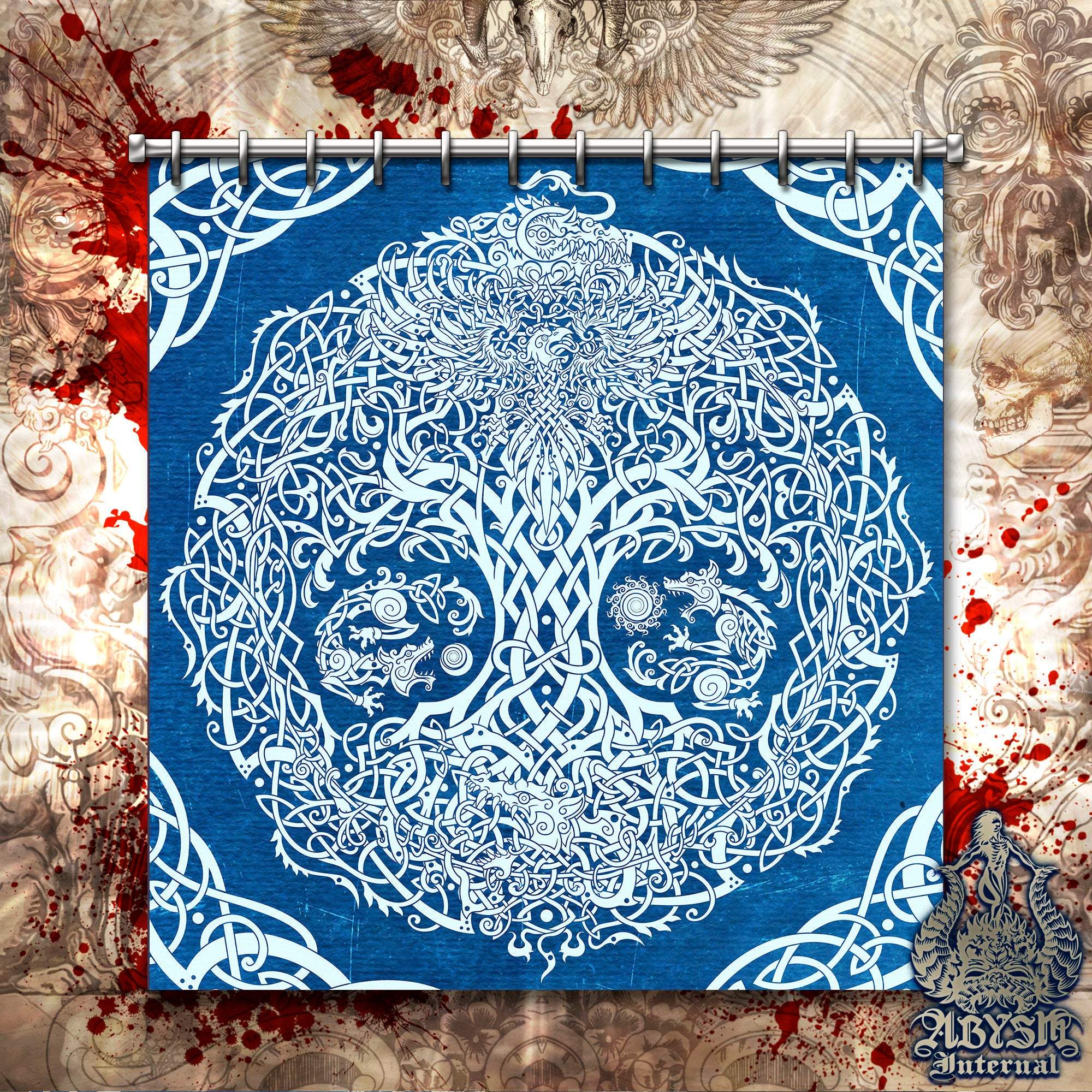 Viking Shower Curtain, Yggdrasil, Norse Bathroom Decor, Pagan, Tree of Life - Blue - Abysm Internal