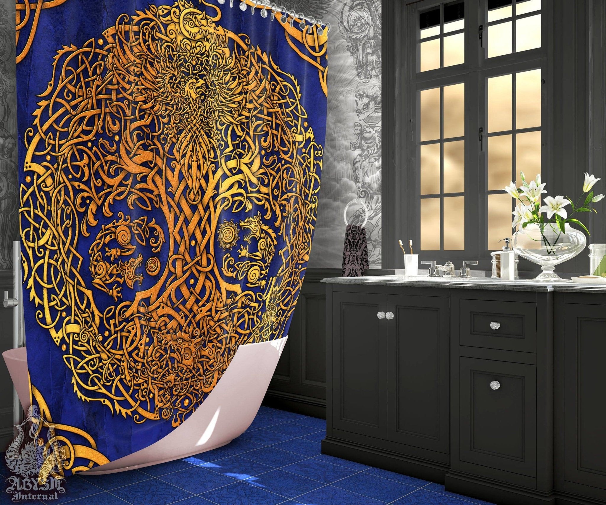 Viking Shower Curtain, Yggdrasil, Norse Bathroom Decor, Pagan, Tree of Life - Gold & Blue - Abysm Internal