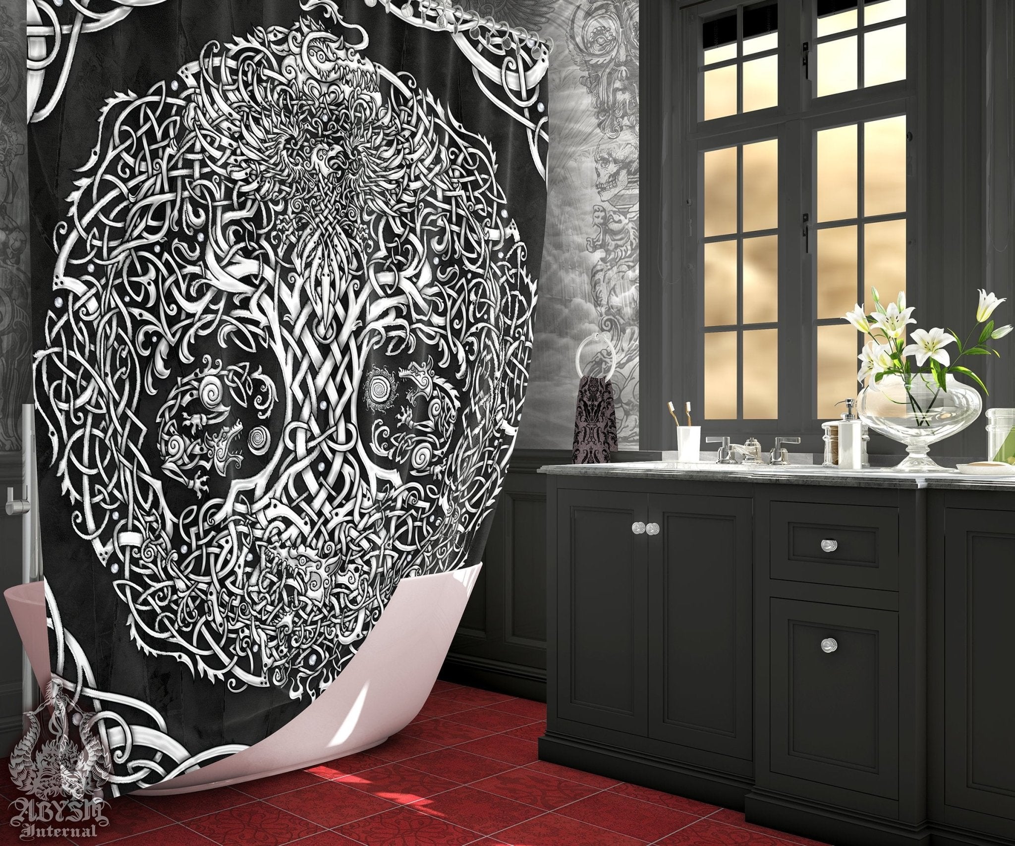 Viking Shower Curtain, Yggdrasil, Norse Bathroom Decor, Pagan, Tree of Life - White & Black - Abysm Internal