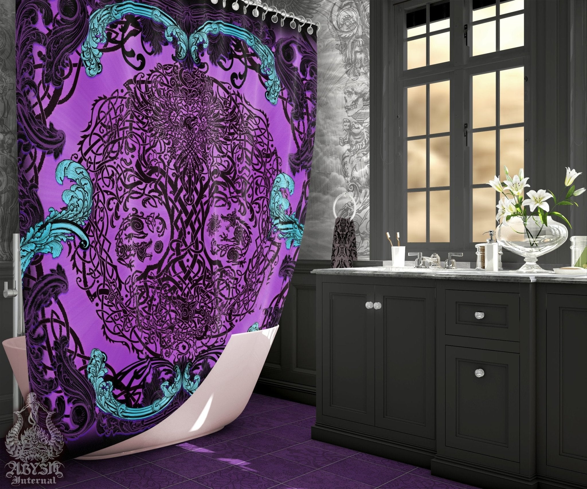 Viking Shower Curtain, Yggdrasil, Norse, Gothic Bathroom Decor, Pagan, Tree of Life - Pastel Goth, Purple - Abysm Internal