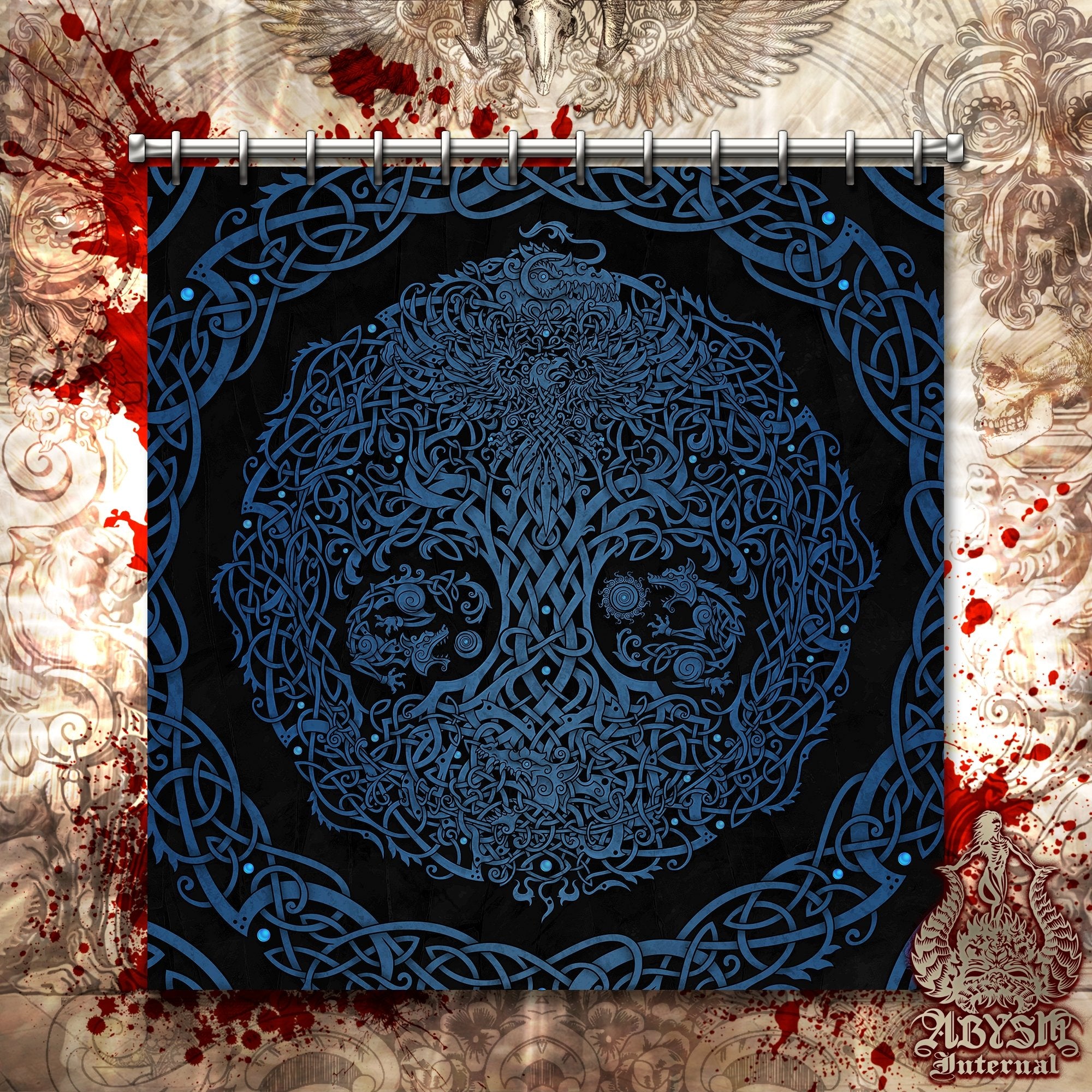 Viking Shower Curtain, Yggdrasil, Norse, Gothic Bathroom Decor, Tree of Life - Black & Blue - Abysm Internal