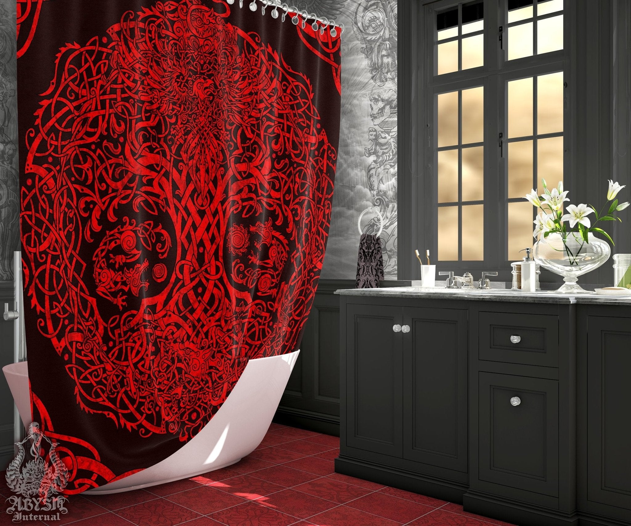 Viking Shower Curtain, Yggdrasil, Norse, Gothic Bathroom Decor, Tree of Life - Black & Red - Abysm Internal