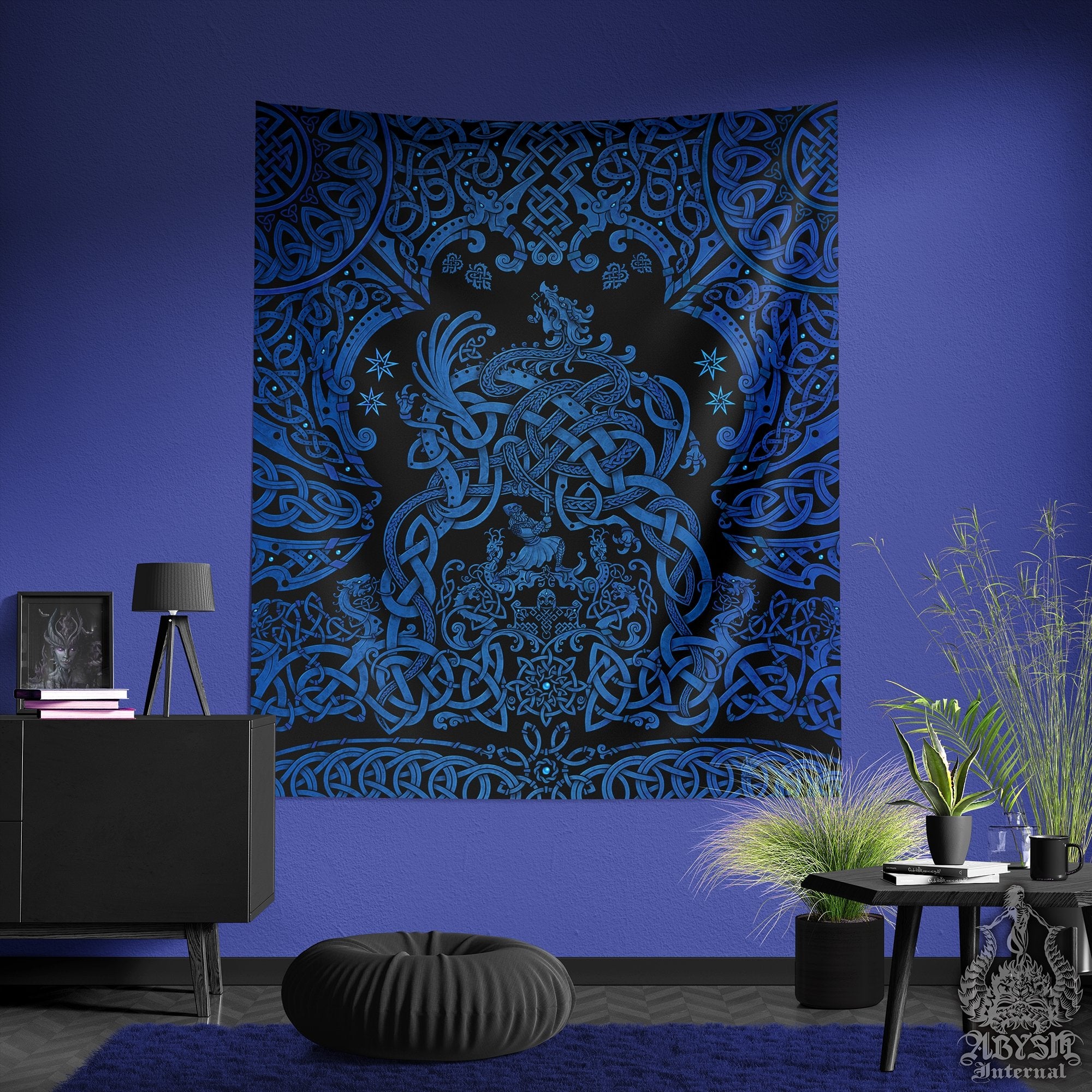 Viking Tapestry, Nordic Wall Hanging, Pagan Home Decor, Norse Art Print, Dragon Fafnir - Black & Blue - Abysm Internal