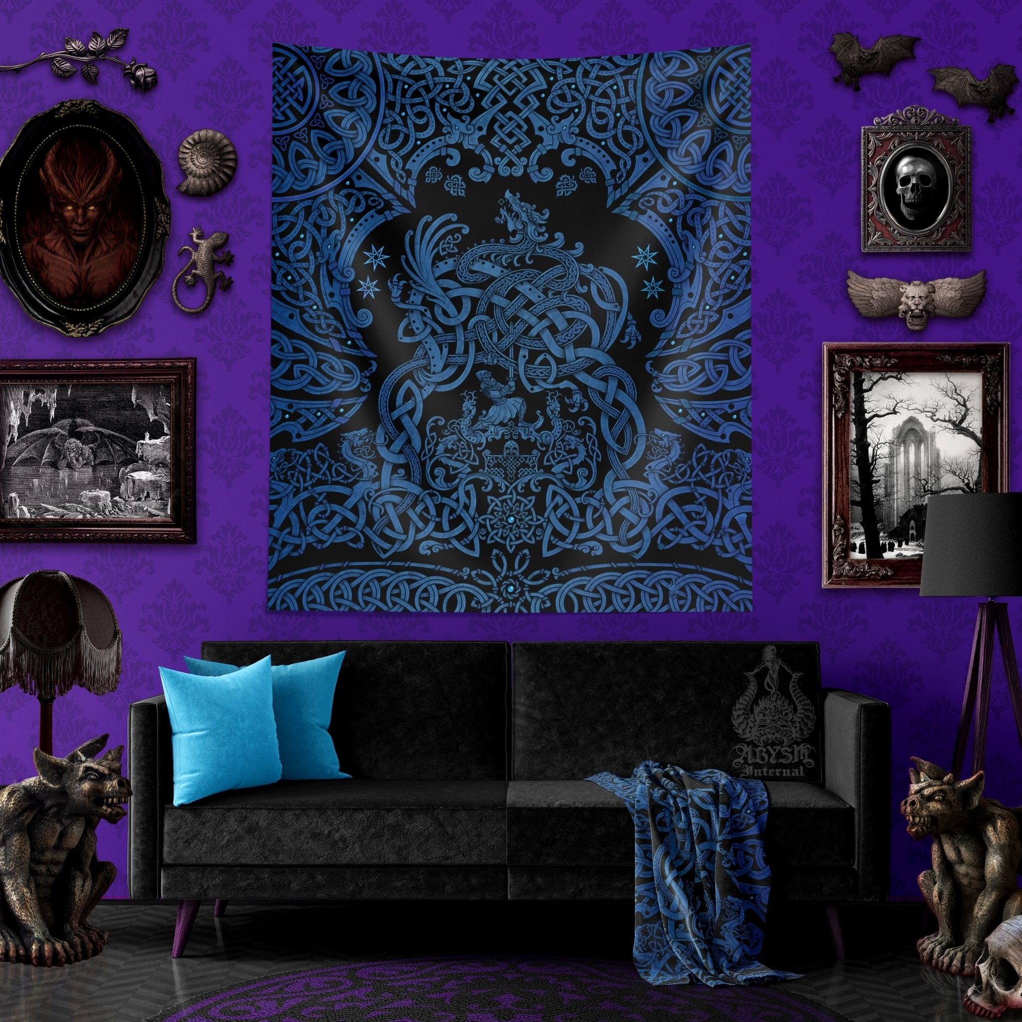 Viking Tapestry, Nordic Wall Hanging, Pagan Home Decor, Norse Art Print, Dragon Fafnir - Black & Blue - Abysm Internal