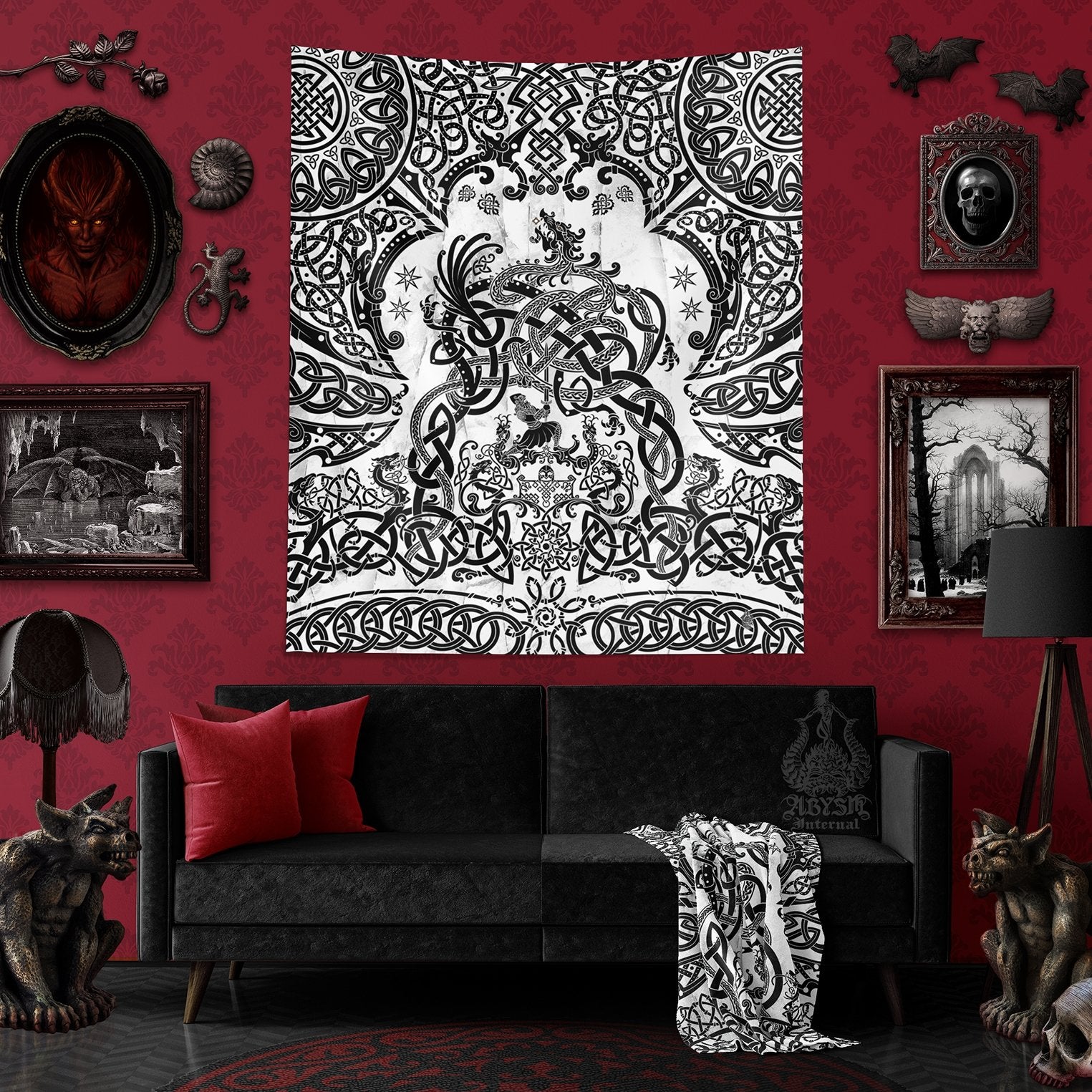Viking Tapestry, Nordic Wall Hanging, Pagan Home Decor, Norse Art Print, Dragon Fafnir - Black & White - Abysm Internal