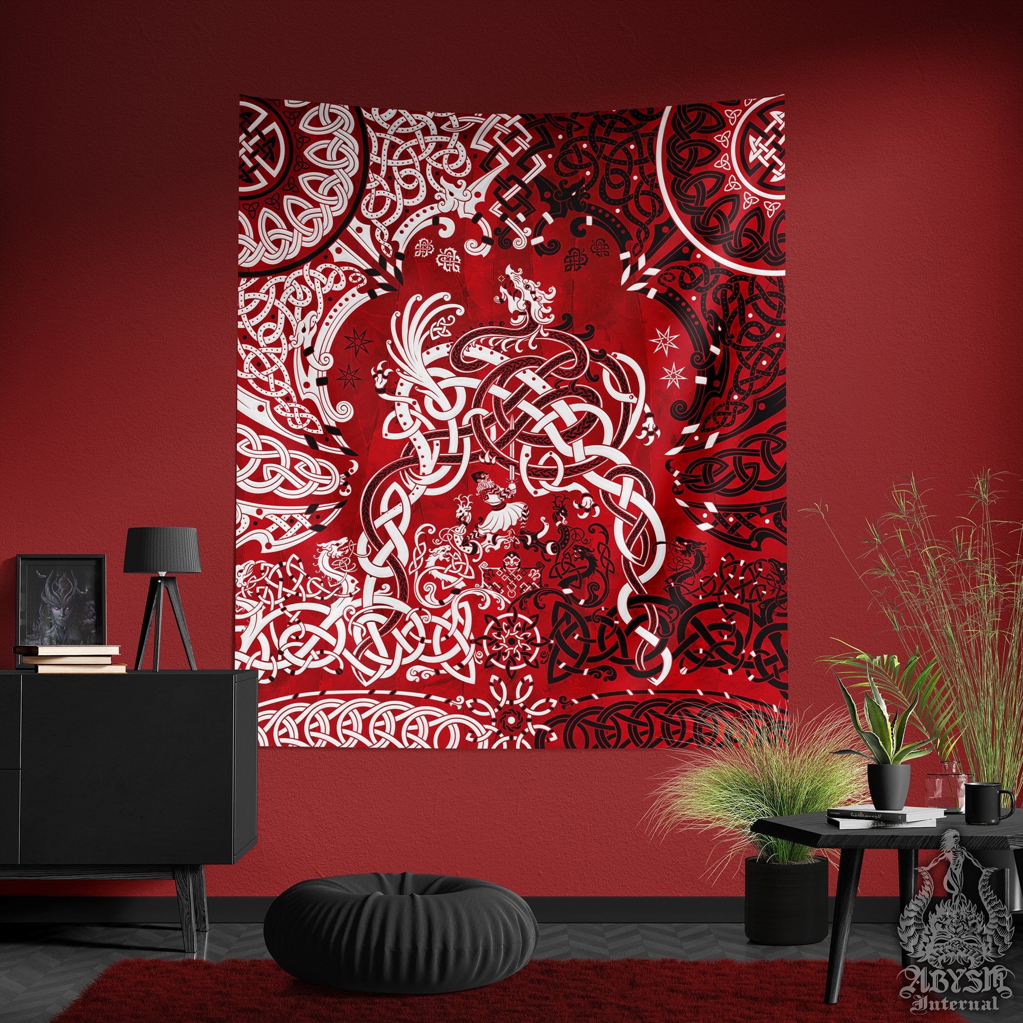 Tapisserie Viking, Tenture murale nordique, Décoration intérieure païenne,  Impression d’art verticale nordique, Dragon Fafnir - Rouge sanglant