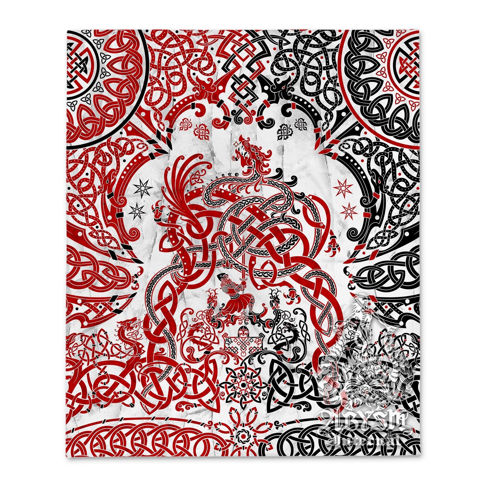 Viking Tapestry, Nordic Wall Hanging, Pagan Home Decor, Norse Art Print, Dragon Fafnir - Bloody White Goth - Abysm Internal